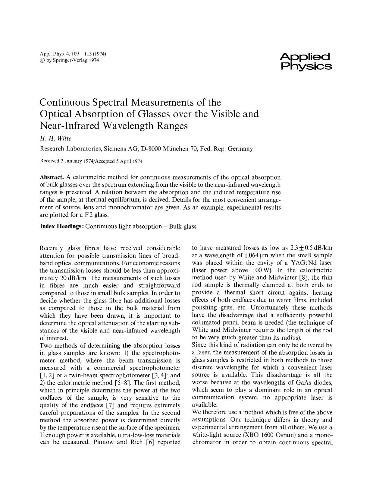 Continuous spectral measurements of the optical absorption of glasses over the visible and near-infrared wavelength ranges by Unknown