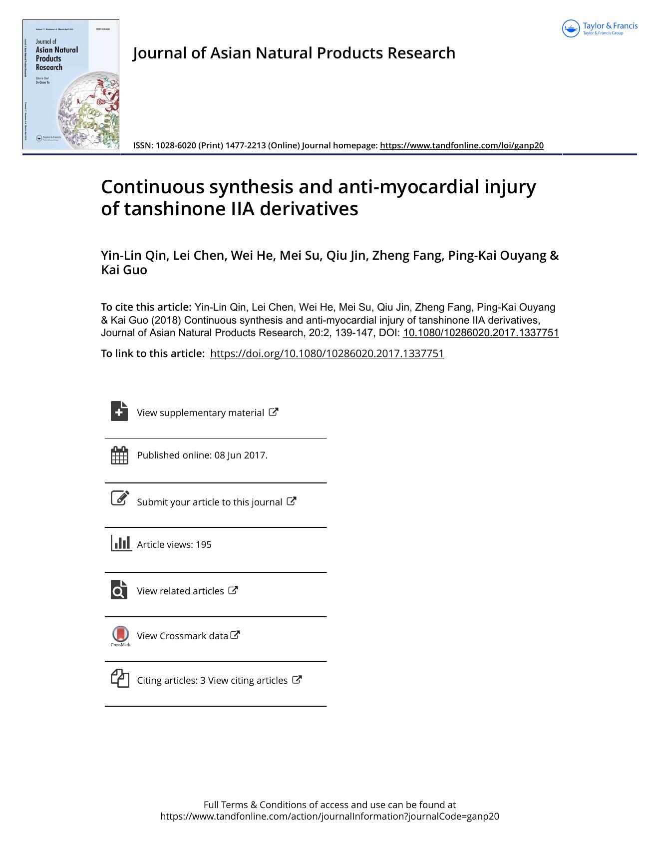 Continuous synthesis and anti-myocardial injury of tanshinone IIA derivatives by Yin-Lin Qin & Lei Chen & Wei He & Mei Su & Qiu Jin & Zheng Fang & Ping-Kai Ouyang & Kai Guo