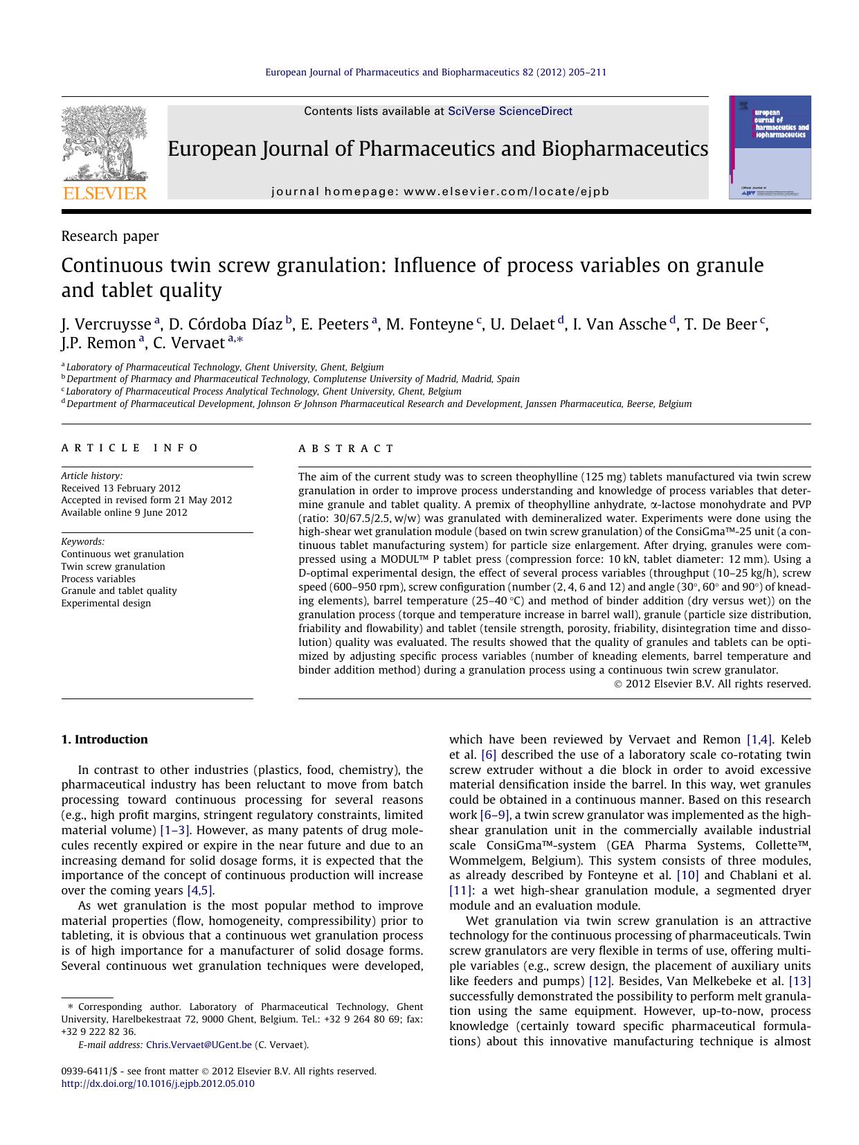 Continuous twin screw granulation: Influence of process variables on granule and tablet quality by unknow