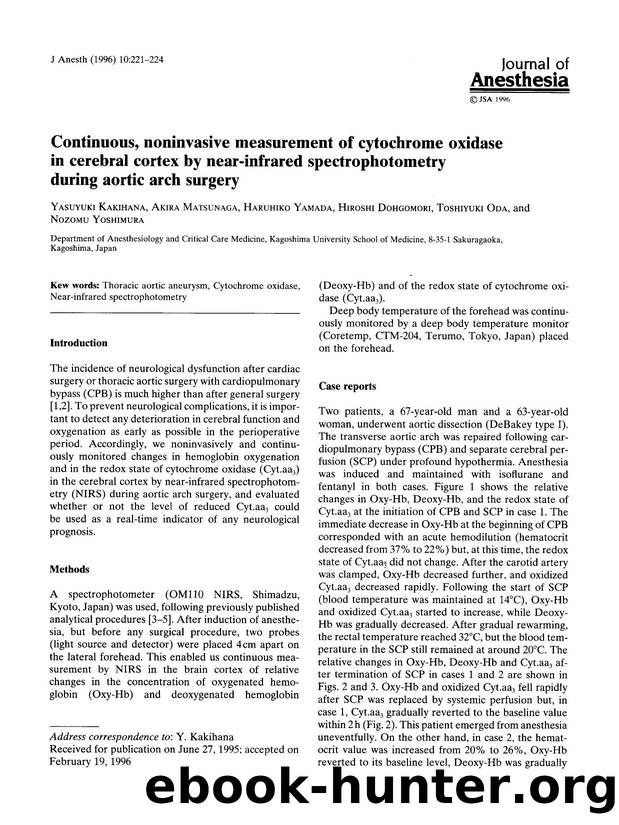 Continuous, noninvasive measurement of cytochrome oxidase in cerebral cortex by near-infrared spectrophotometry during aortic arch surgery by Unknown