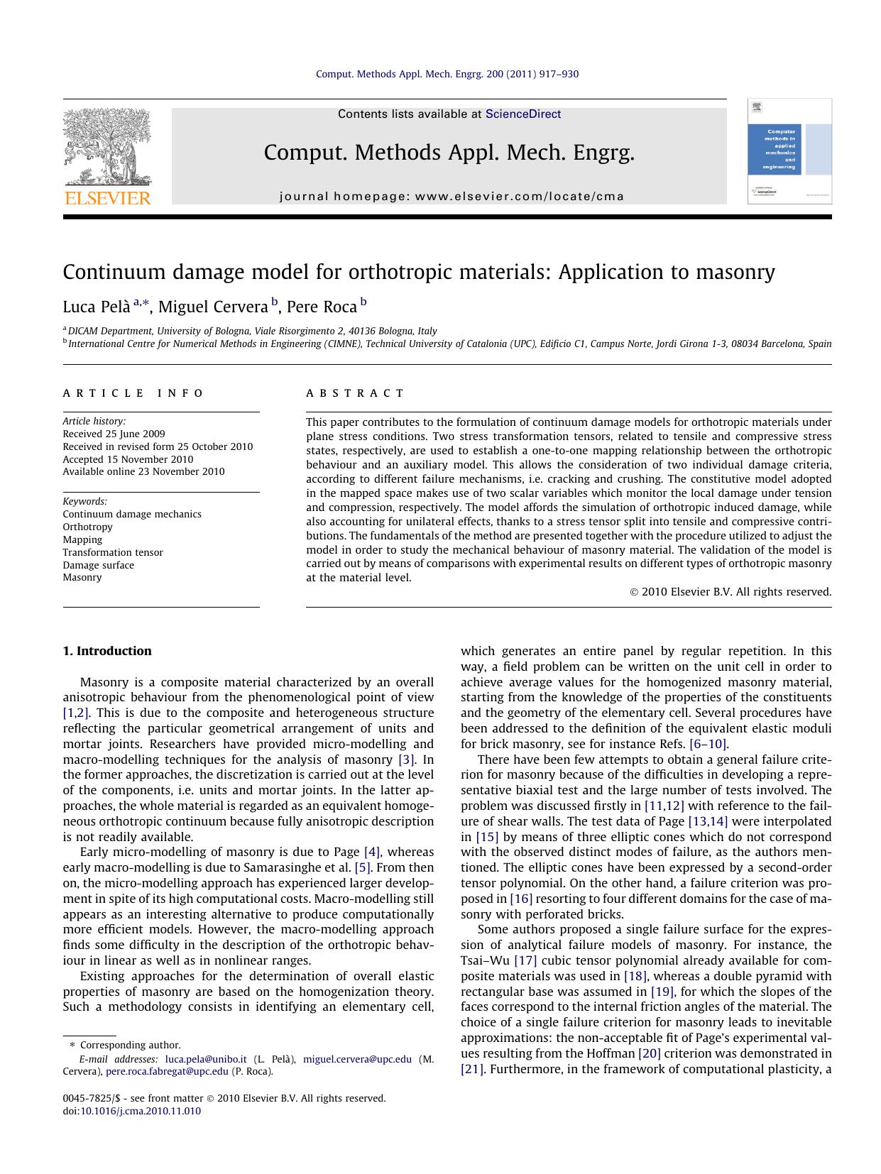 Continuum damage model for orthotropic materials: Application to masonry by Luca PelÃ & Miguel Cervera & Pere Roca