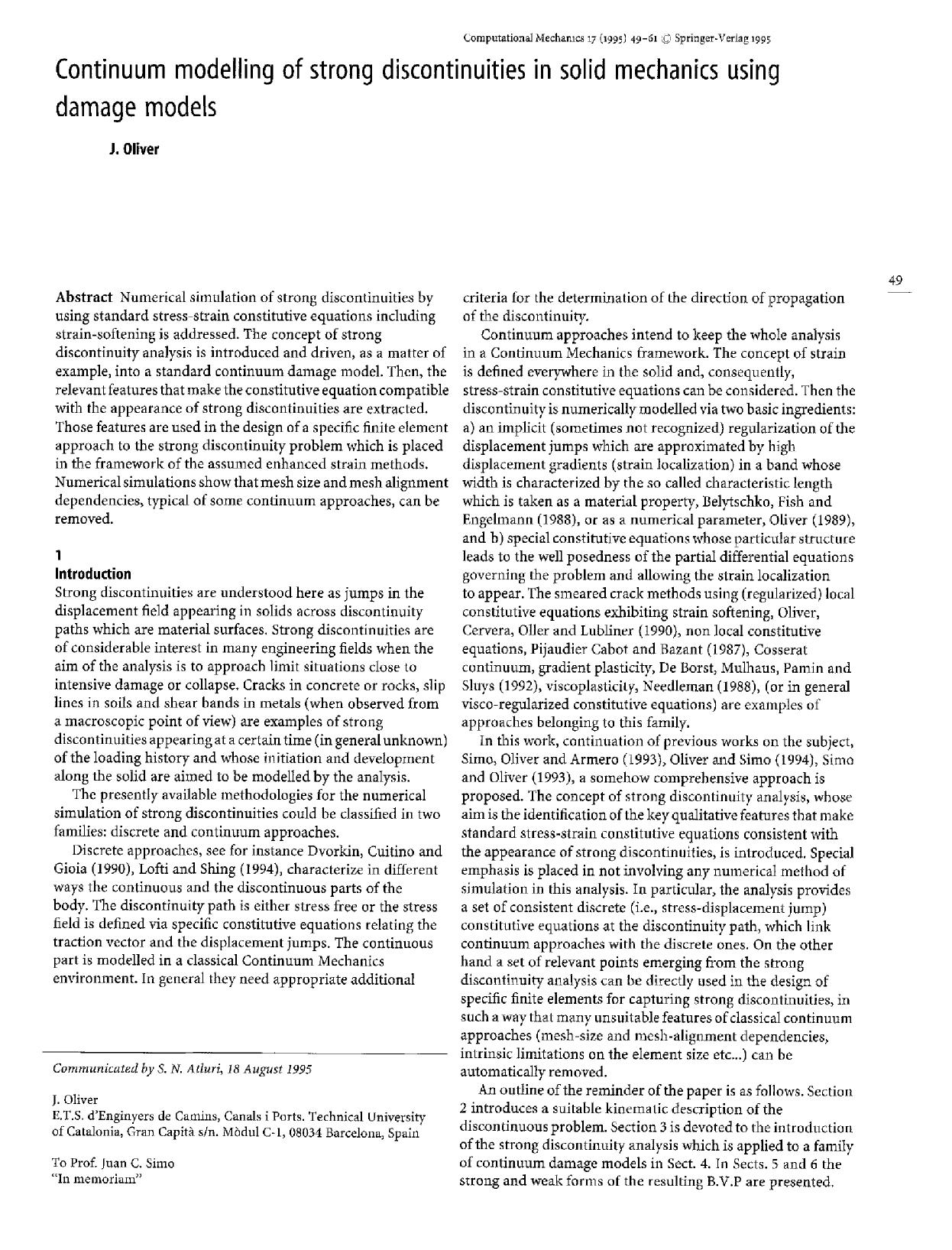 Continuum modelling of strong discontinuities in solid mechanics using damage models by Unknown