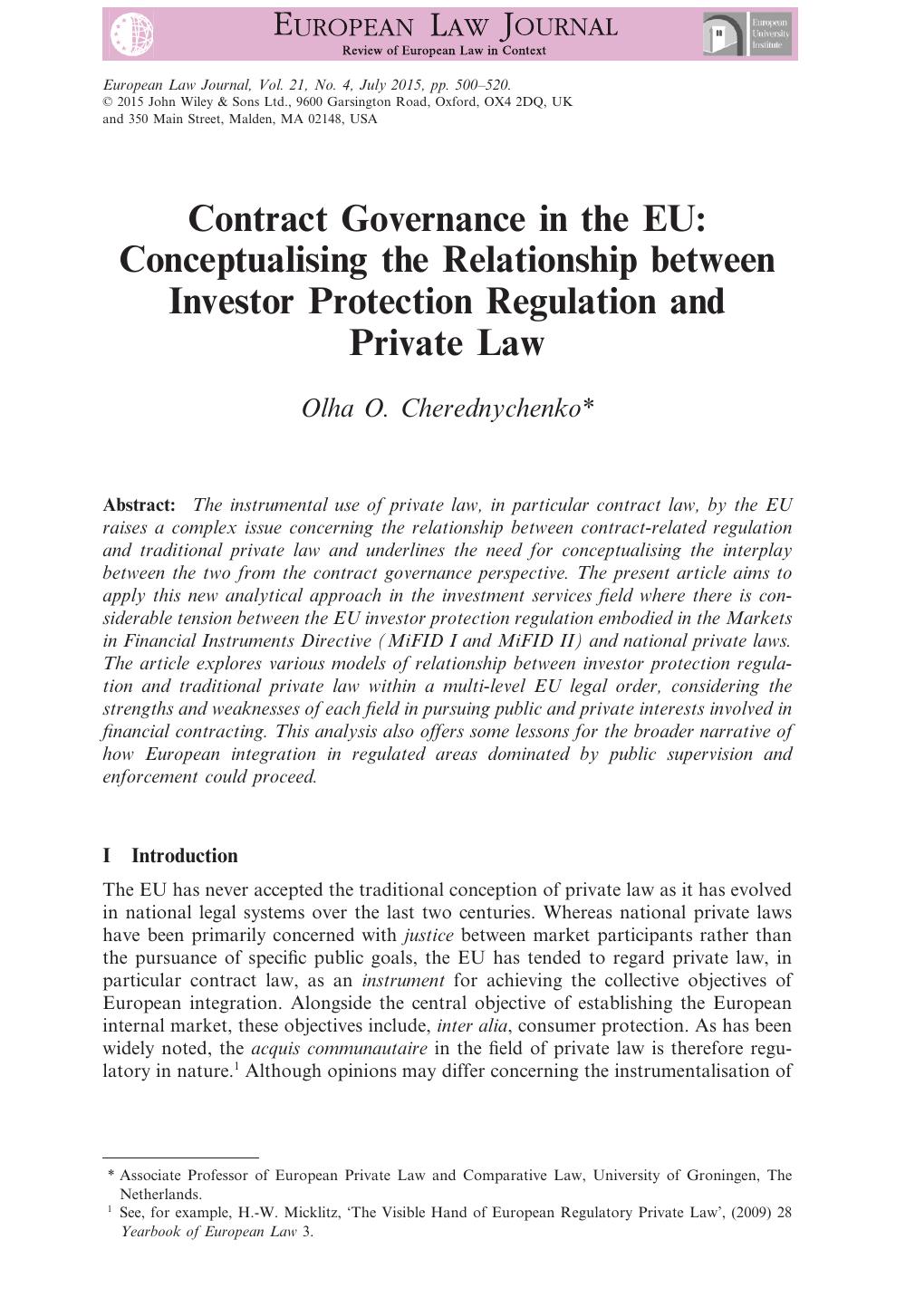 Contract Governance in the EU: Conceptualising the Relationship between Investor Protection Regulation and Private Law by Olha O. Cherednychenko
