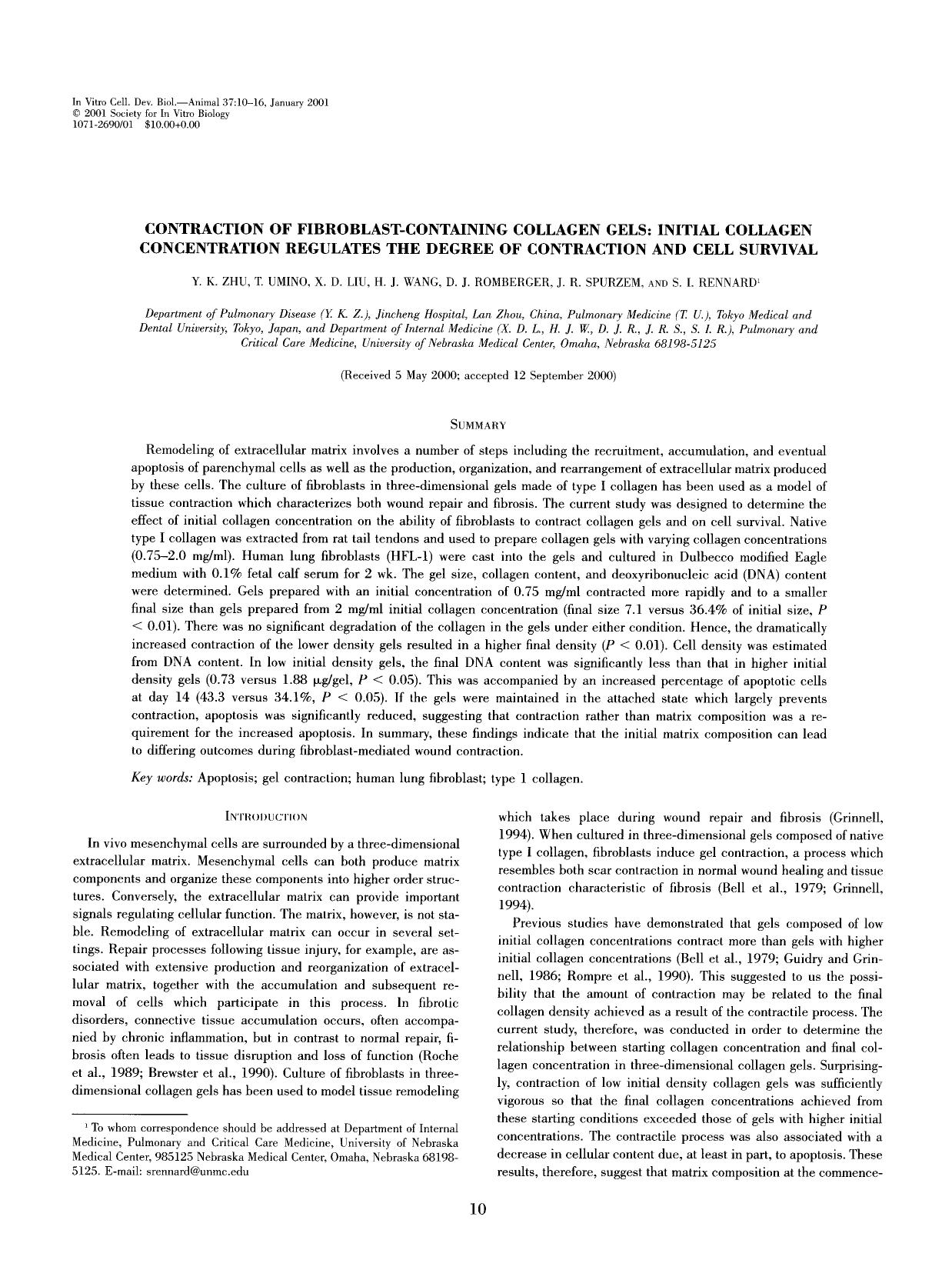 Contraction of fibroblast-containing collagen gels: Initial collagen concentration regulates the degree of contraction and cell survival by Unknown