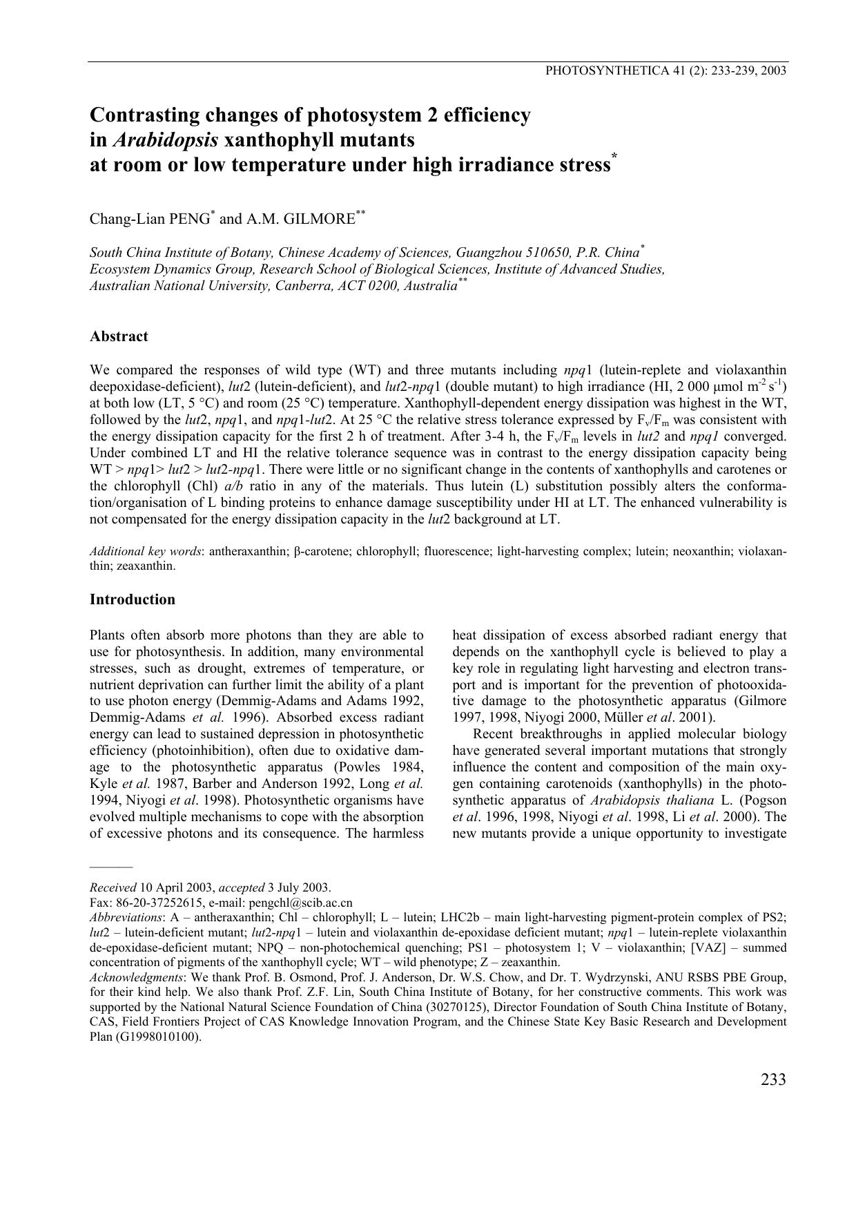 Contrasting Changes of Photosystem 2 Efficiency in <Emphasis Type="Italic">Arabidopsis<Emphasis> Xanthophyll Mutants at Room or Low Temperature Under High Irradiance Stress by Unknown