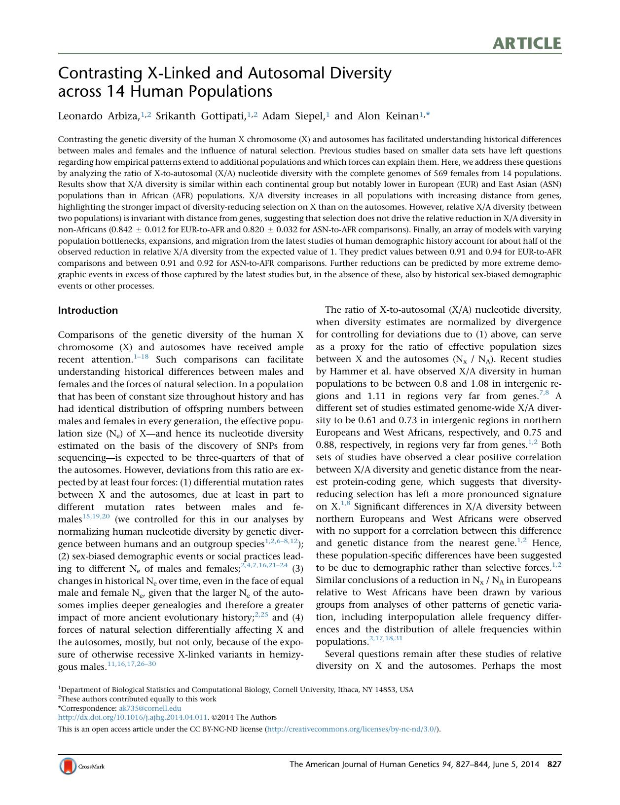 Contrasting X-Linked and Autosomal Diversity across 14 Human Populations by Leonardo Arbiza & Srikanth Gottipati & Adam Siepel & Alon Keinan