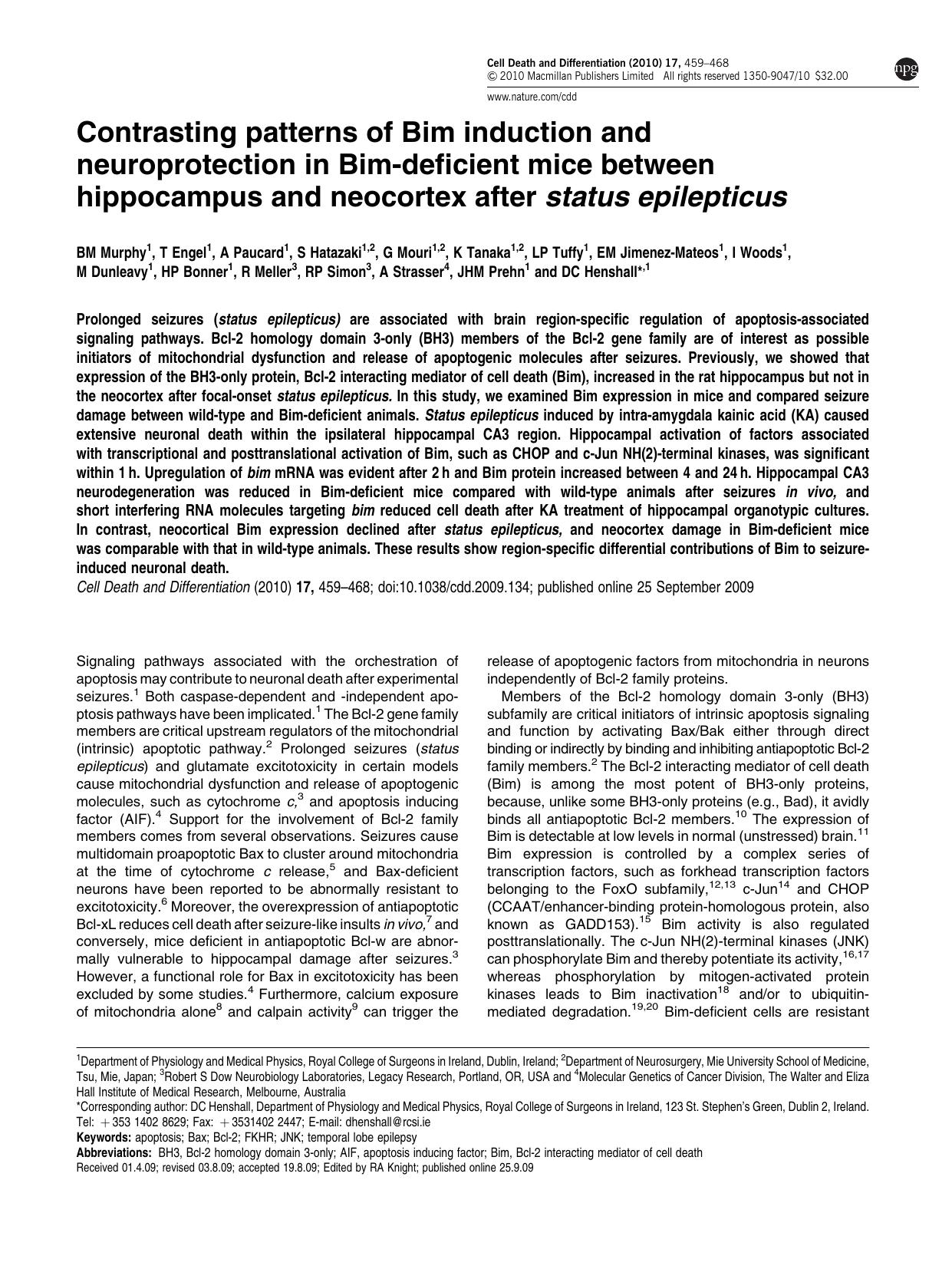 Contrasting patterns of Bim induction and neuroprotection in Bim-deficient mice between hippocampus and neocortex after status epilepticus by unknow