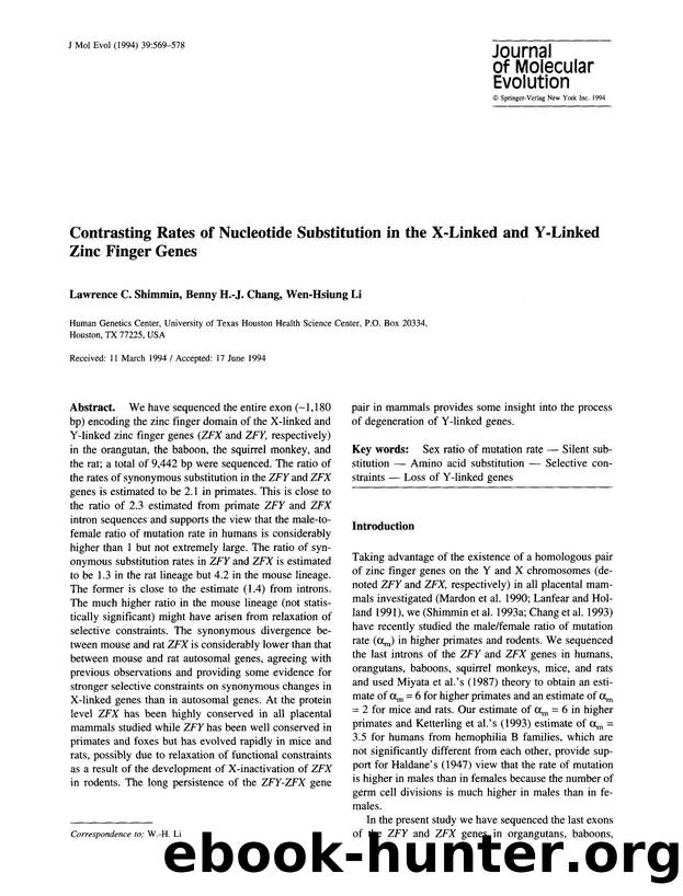 Contrasting rates of nucleotide substitution in the X-Linked and Y-Linked zinc finger genes by Unknown