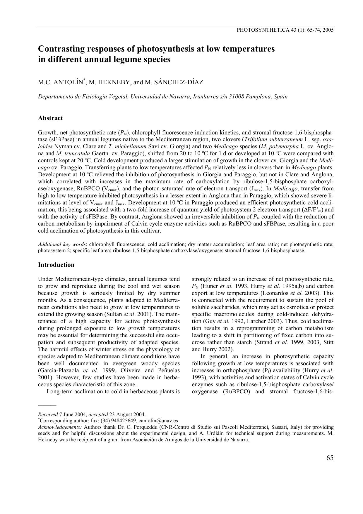 Contrasting responses of photosynthesis at low temperatures in different annual legume species by Unknown