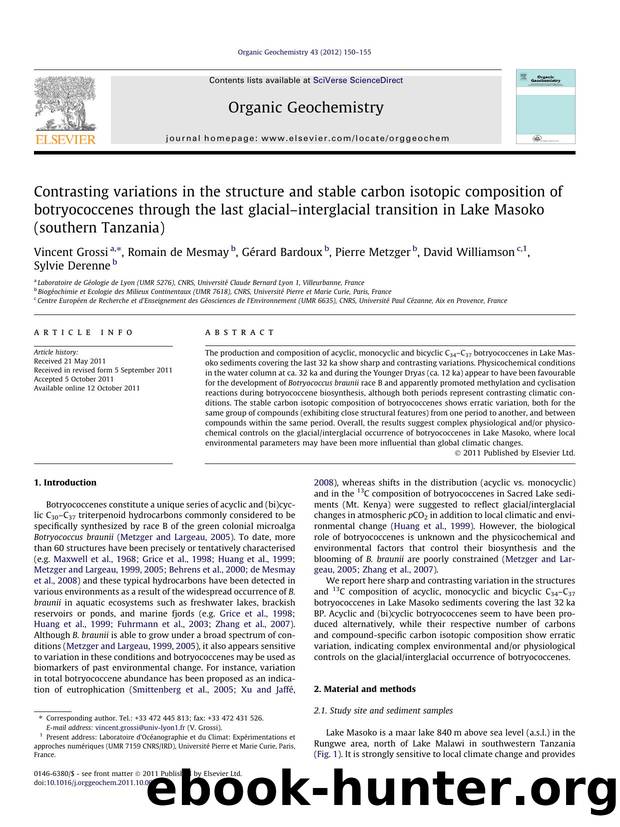 Contrasting variations in the structure and stable carbon isotopic composition of botryococcenes through the last glacialÃ¢â¬âinterglacial transition in Lake Masoko (southern Tanzania) by unknow