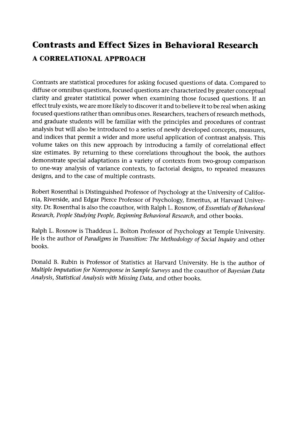 Contrasts and Effect Sizes in Behavioral Research: A Correlational Approach by Robert Rosenthal Ralph L. Rosnow Donald B. Rubin