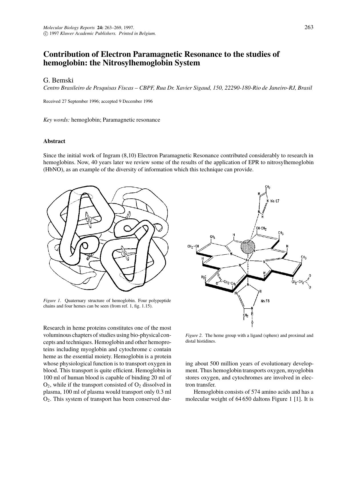 Contribution of Electron Paramagnetic Resonance to the studies of hemoglobin: the Nitrosylhemoglobin System by Unknown