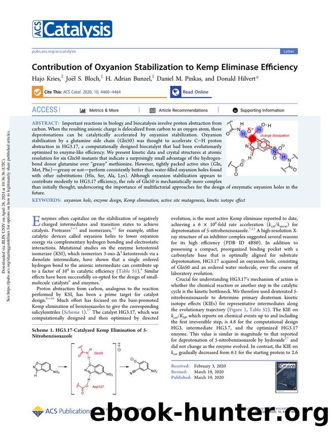 Contribution of Oxyanion Stabilization to Kemp Eliminase Efficiency by Hajo Kries Joël S. Bloch H. Adrian Bunzel Daniel M. Pinkas & Donald Hilvert