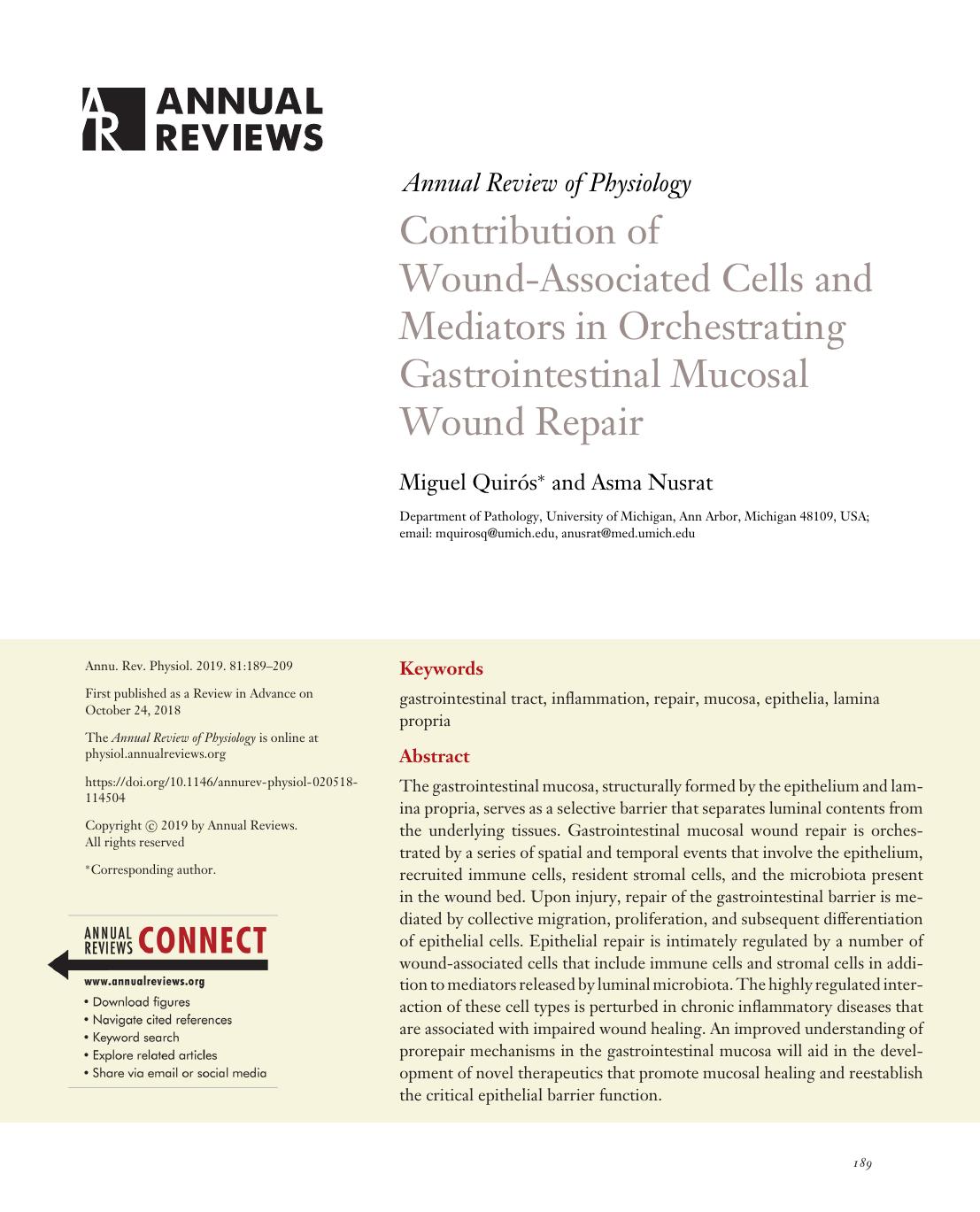 Contribution of Wound-Associated Cells and Mediators in Orchestrating Gastrointestinal Mucosal Wound Repair by Miguel Quirós and Asma Nusrat