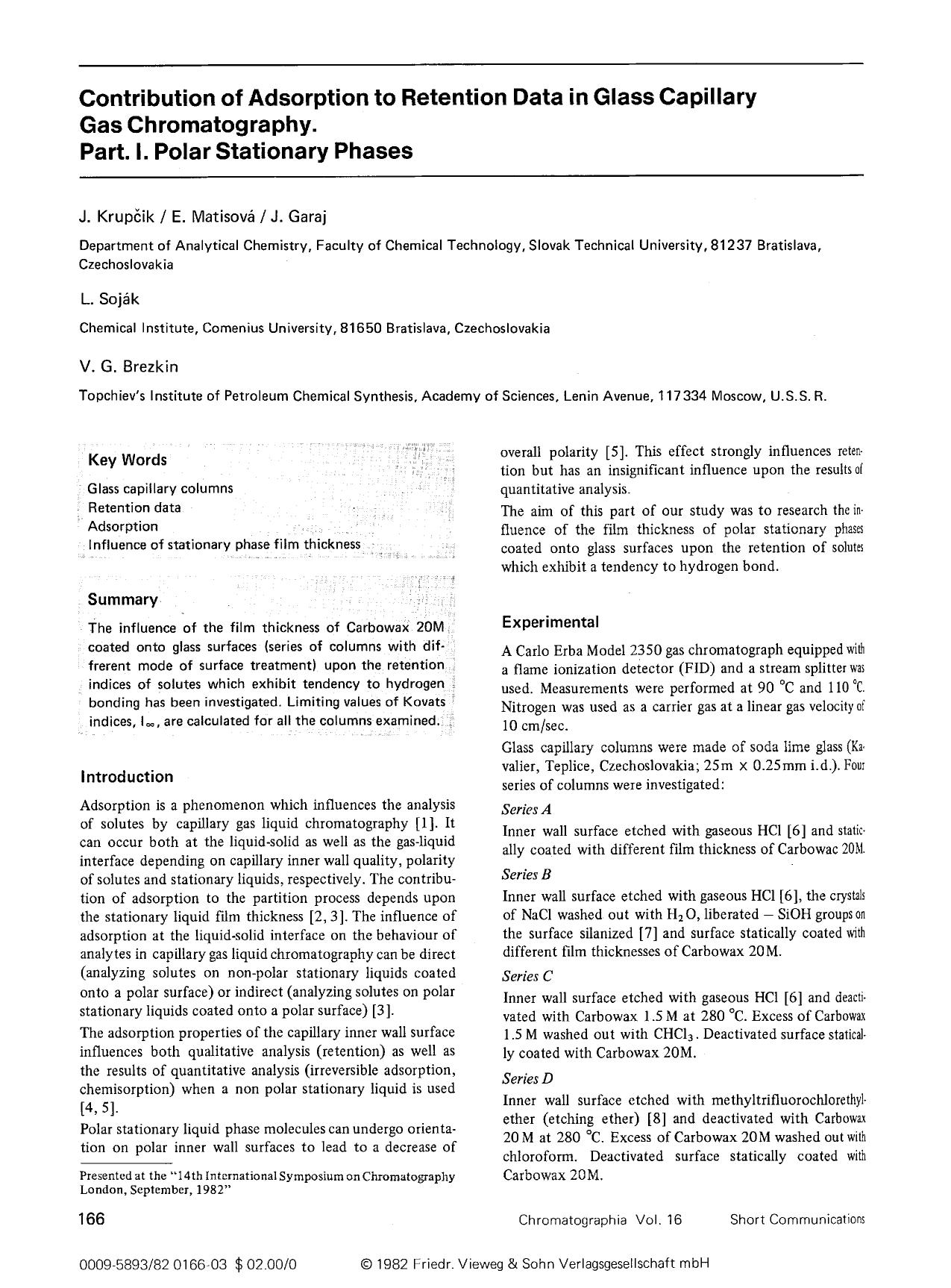 Contribution of adsorption to retention data in glass capillary gas chromatography part. I. Polar stationary phases by Unknown