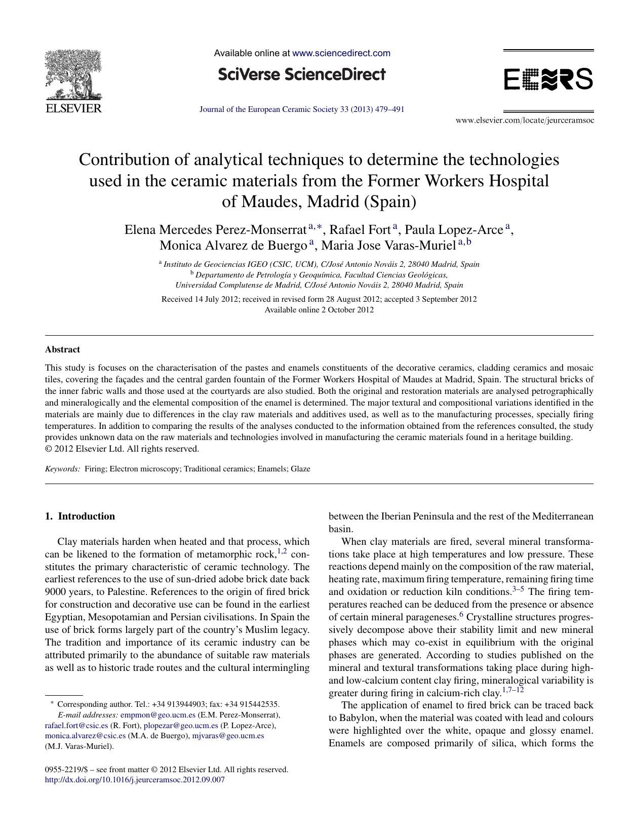 Contribution of analytical techniques to determine the technologies used in the ceramic materials from the Former Workers Hospital of Maudes, Madrid (Spain) by Elena Mercedes Perez-Monserrat