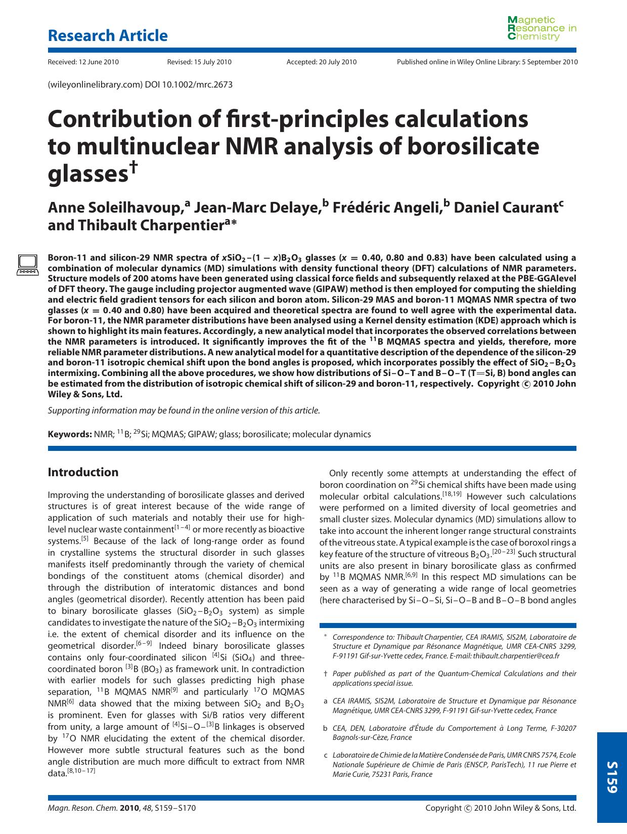 Contribution of firstprinciples calculations to multinuclear NMR analysis of borosilicate glasses by Unknown
