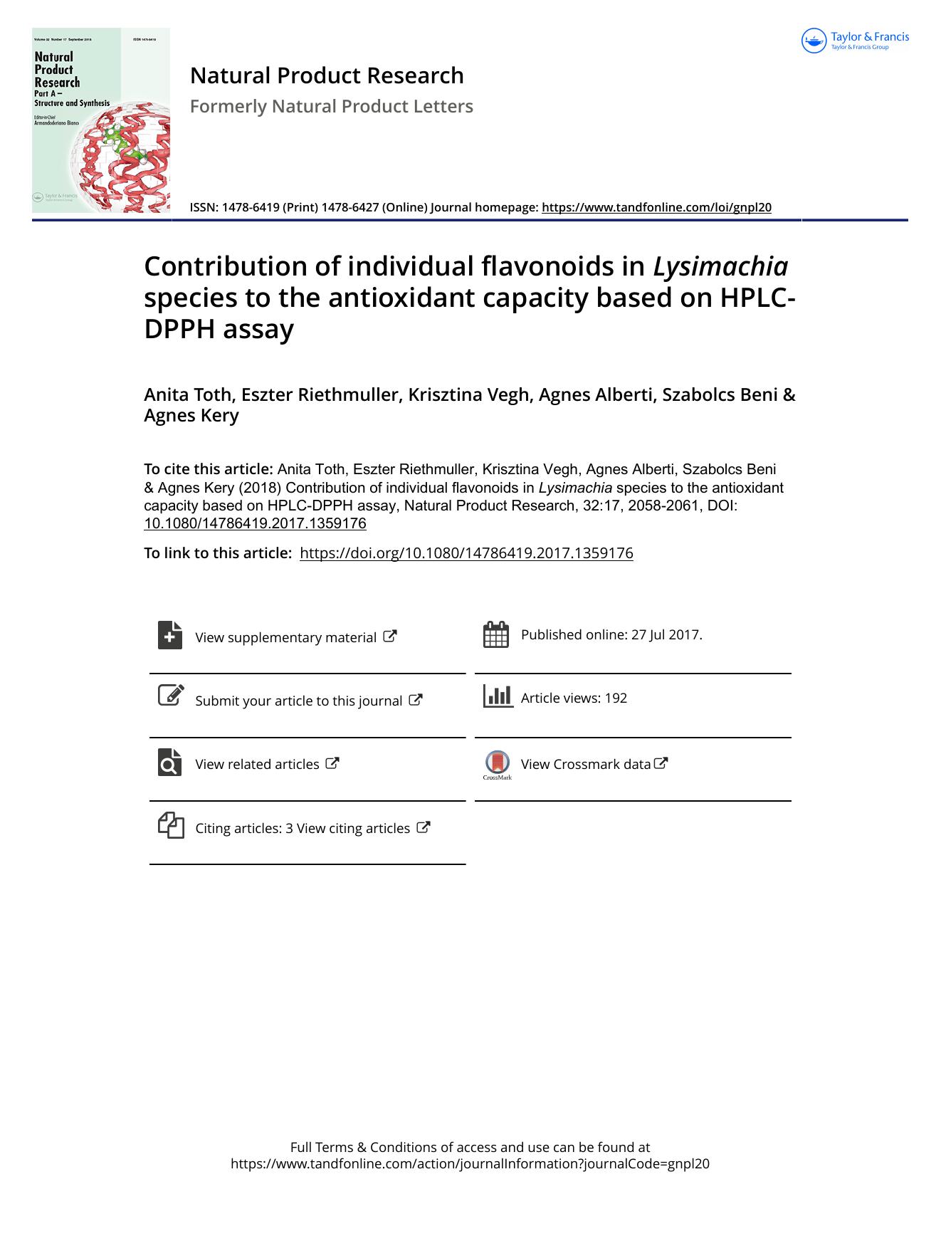 Contribution of individual flavonoids in Lysimachia species to the antioxidant capacity based on HPLC-DPPH assay by Anita Toth & Eszter Riethmuller & Krisztina Vegh & Agnes Alberti & Szabolcs Beni & Agnes Kery