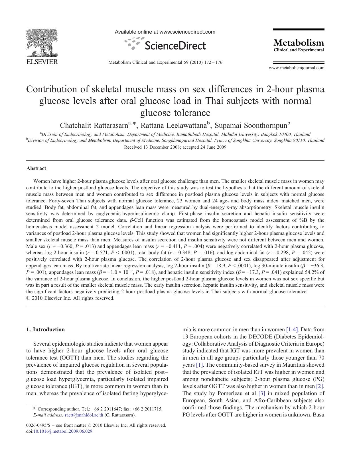 Contribution of skeletal muscle mass on sex differences in 2-hour plasma glucose levels after oral glucose load in Thai subjects with normal glucose tolerance by Chatchalit Rattarasarn; Rattana Leelawattana; Supamai Soonthornpun
