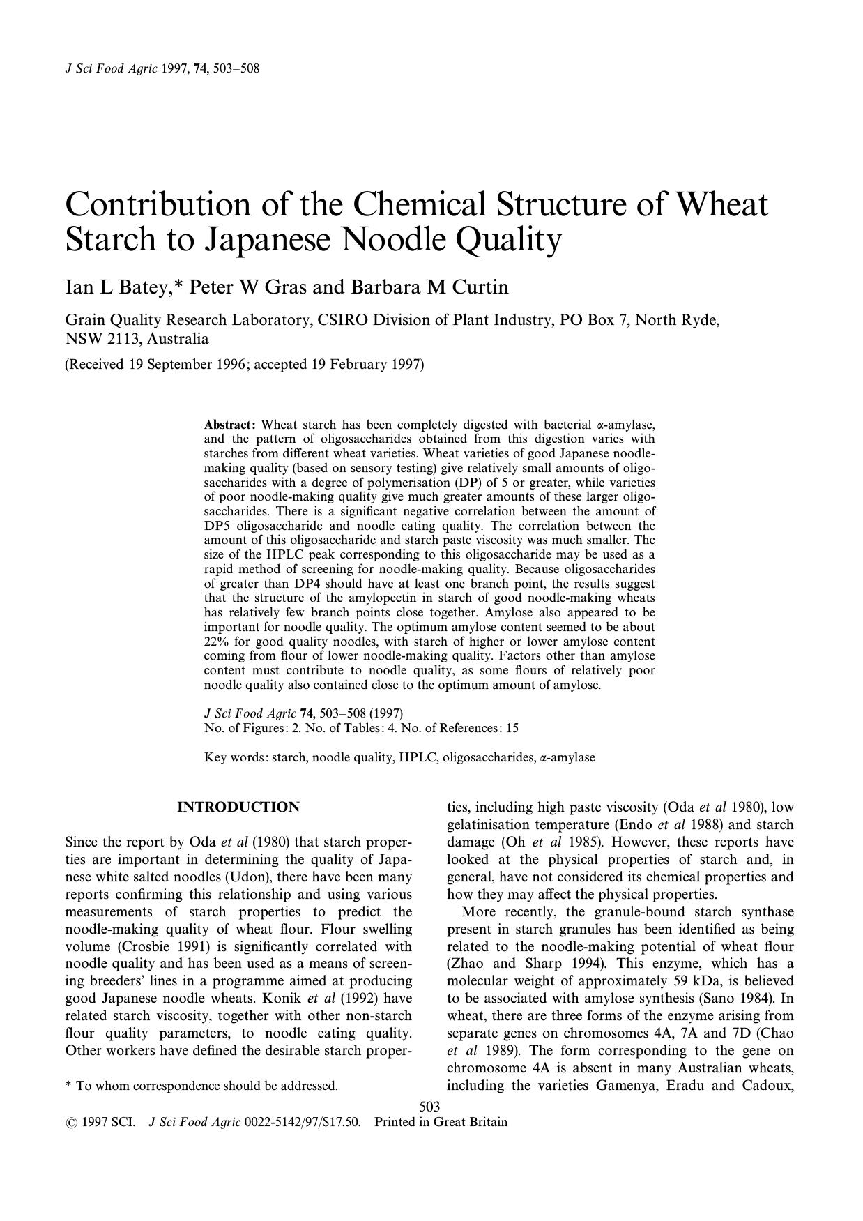Contribution of the Chemical Structure of Wheat Starch to Japanese Noodle Quality by Unknown