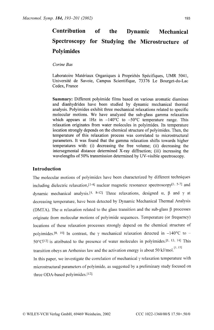 Contribution of the dynamic mechanical spectroscopy for studying the microstructure of polyimides by Unknown