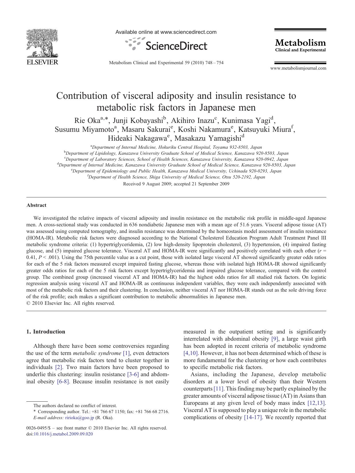 Contribution of visceral adiposity and insulin resistance to metabolic risk factors in Japanese men by unknow