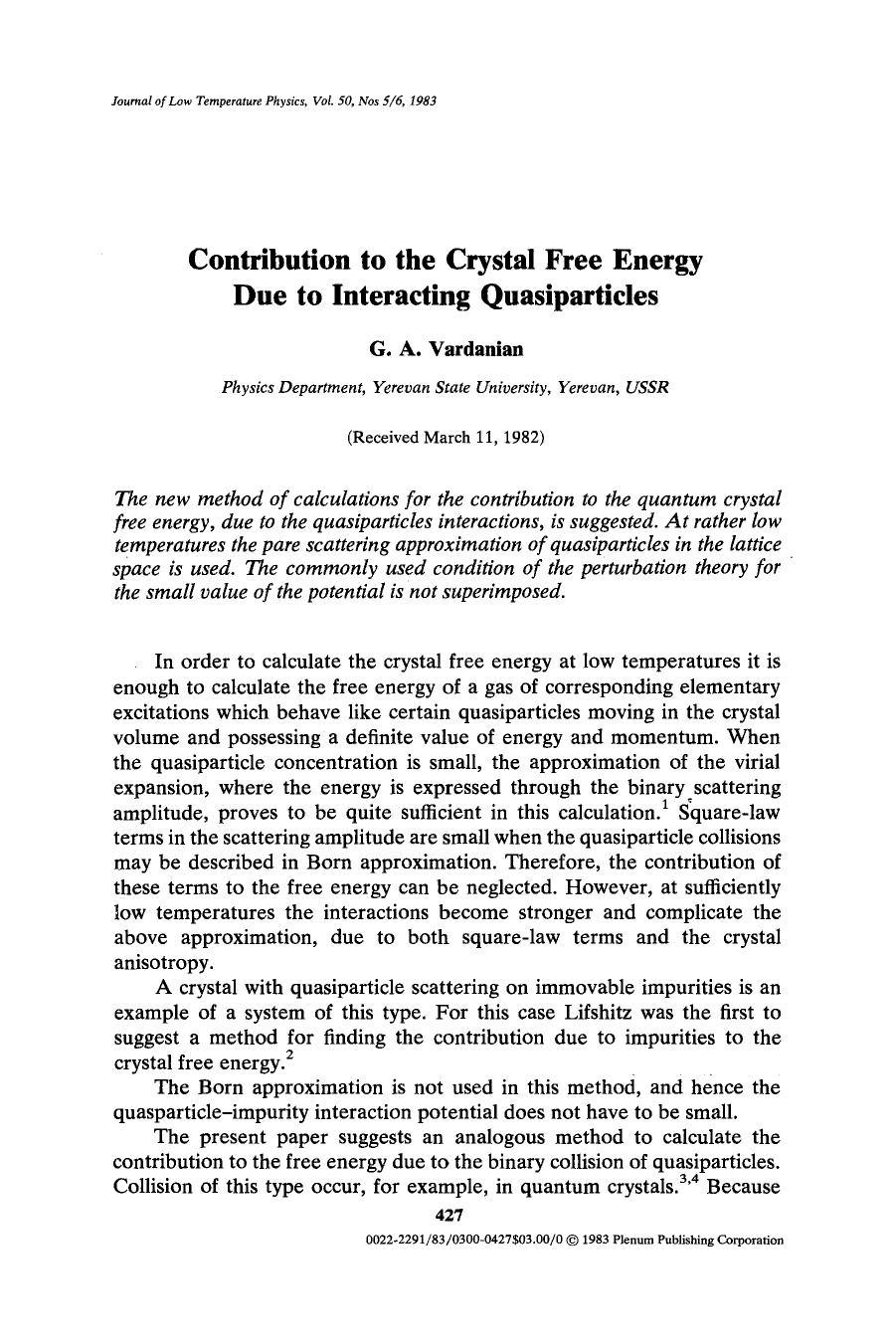 Contribution to the crystal free energy due to interacting quasiparticles by Unknown