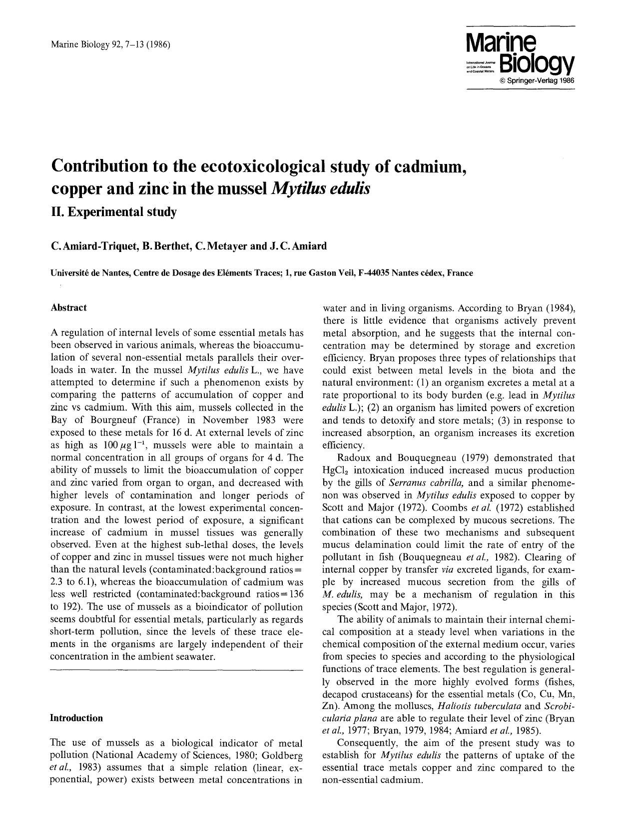 Contribution to the ecotoxicological study of cadmium, copper and zinc in the mussel <Emphasis Type="Italic">Mytilus edulis<Emphasis> by Unknown