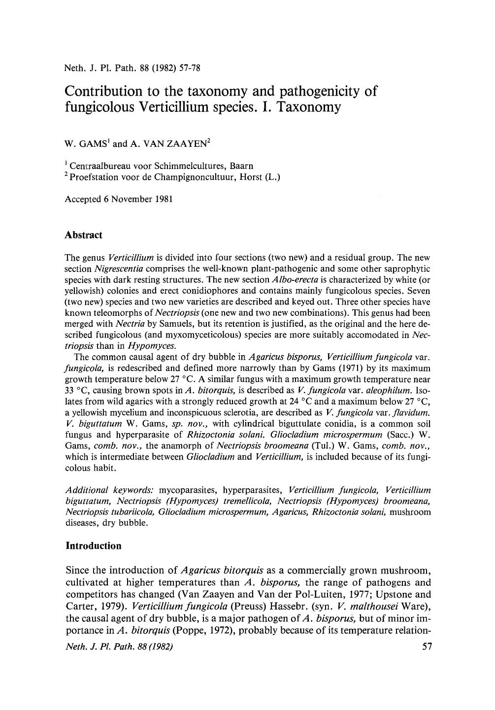 Contribution to the taxonomy and pathogenicity of fungicolous Verticillium species. I. Taxonomy by Unknown