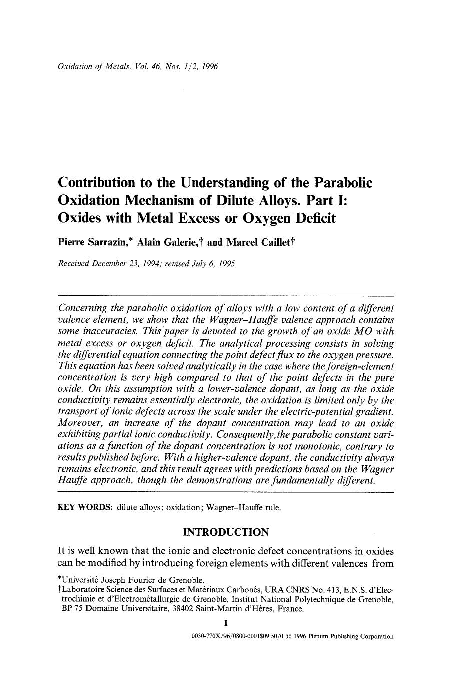 Contribution to the understanding of the parabolic oxidation mechanism of dilute alloys. Part I: Oxides with metal excess or oxygen deficit by Unknown