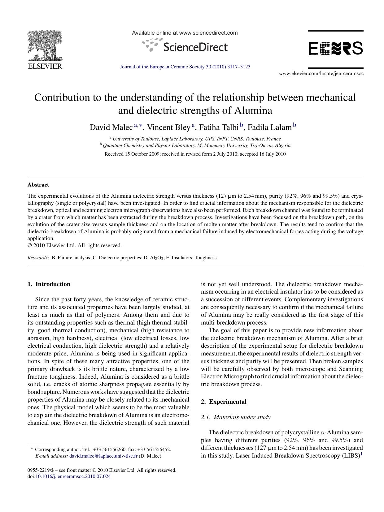 Contribution to the understanding of the relationship between mechanical and dielectric strengths of Alumina by David Malec