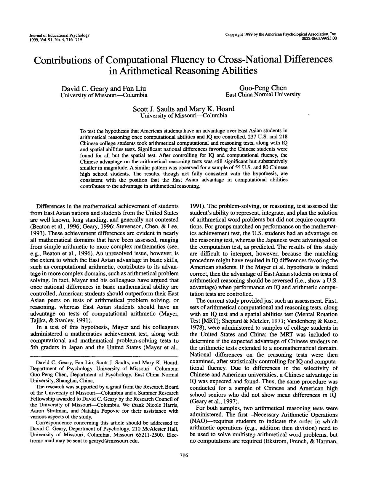 Contributions of Computational Fluency to Cross-National Differences in Arithmetical Reasoning Abilities (1999) by David C. Geary, Fan Liu, Guo-Peng Chen, Scott J. Saults & Mary K. Hoard by Unknown
