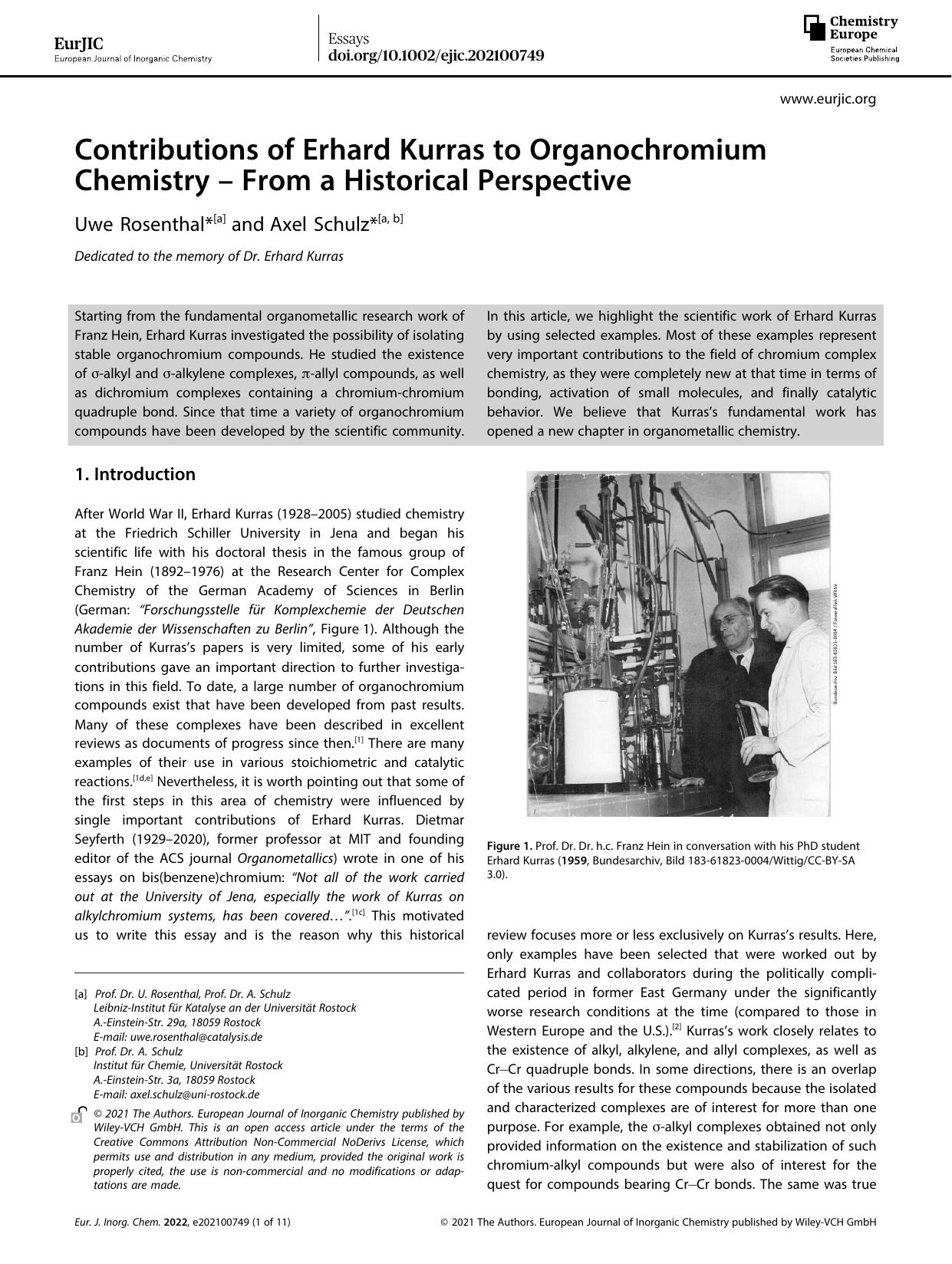Contributions of Erhard Kurras to Organochromium Chemistry â From a Historical Perspective by Unknown