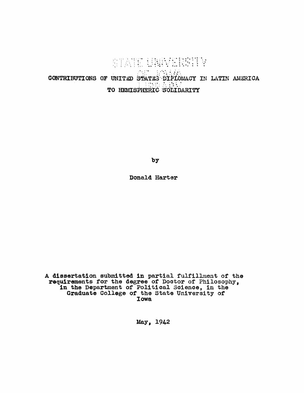 Contributions of United States Diplomacy in Latin America to Hemispheric Solidarity by Harter Donald