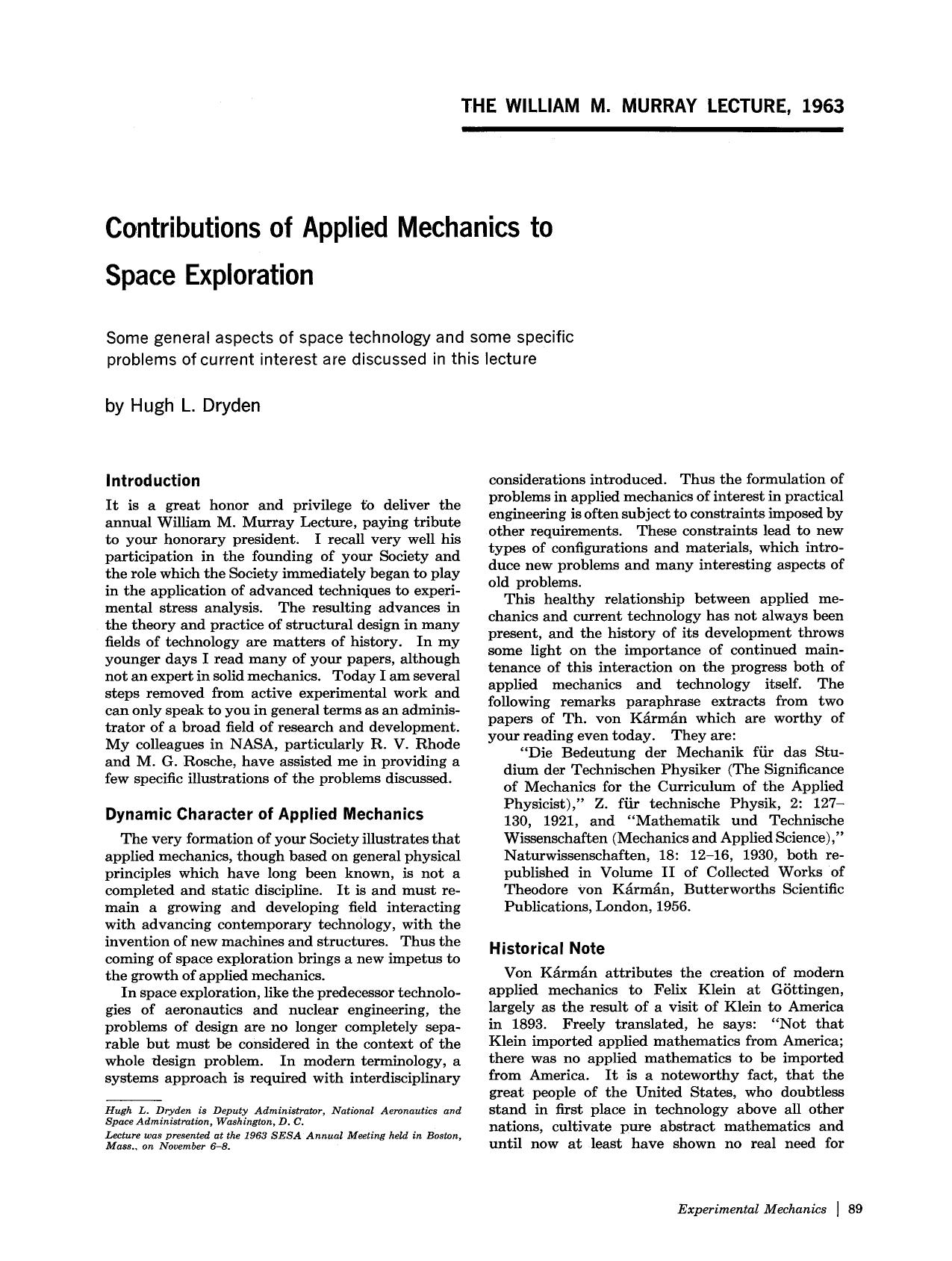 Contributions of applied mechanics to space exploration by Unknown