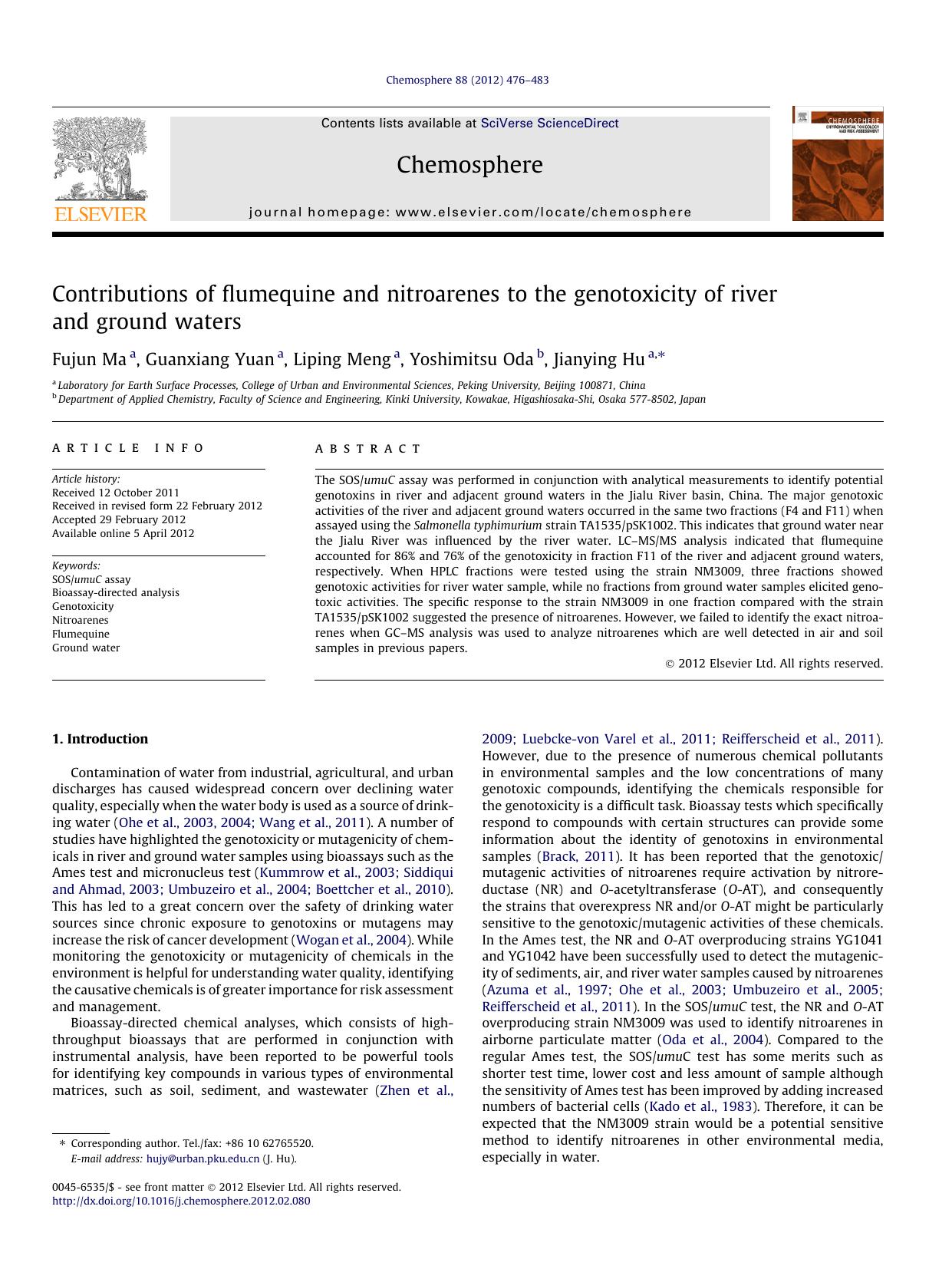 Contributions of flumequine and nitroarenes to the genotoxicity of river and ground waters by Fujun Ma & Guanxiang Yuan & Liping Meng & Yoshimitsu Oda & Jianying Hu
