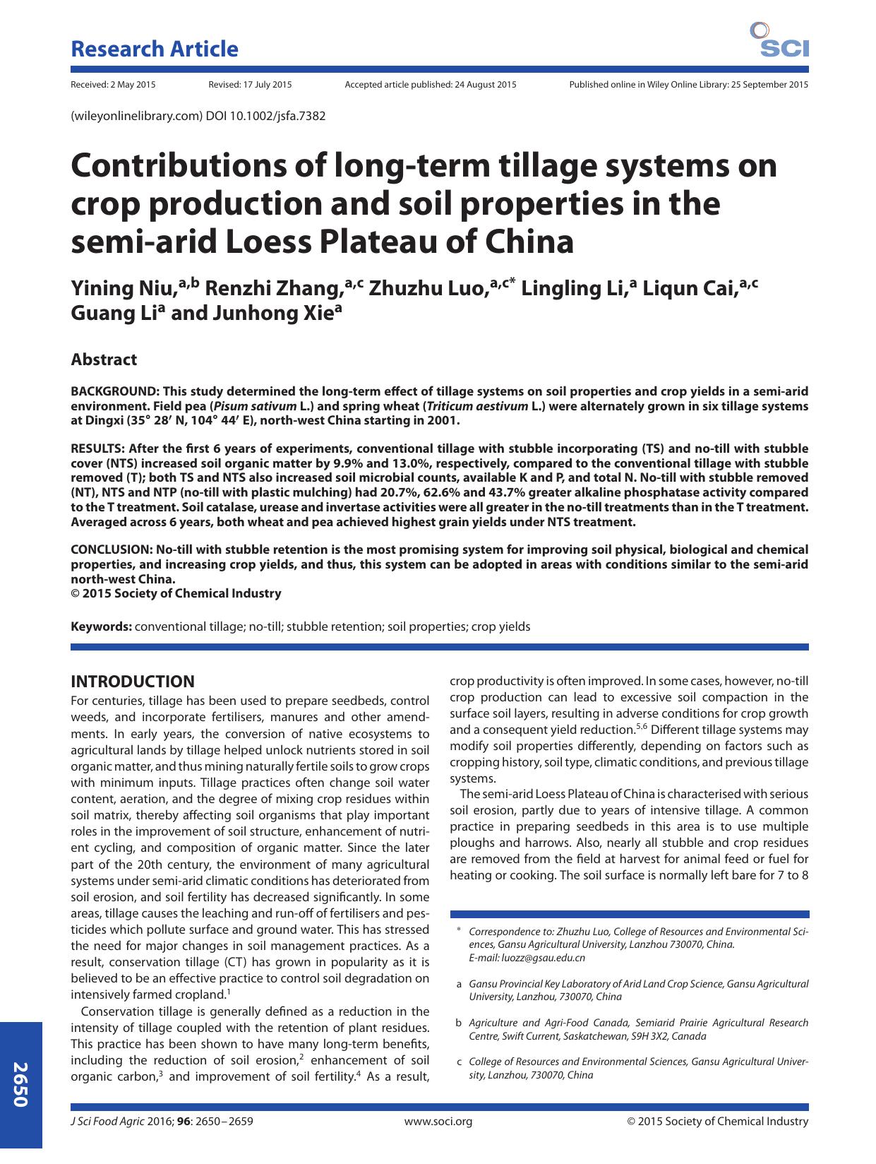Contributions of long-term tillage systems on crop production and soil properties in the semi-arid Loess Plateau of China by Unknown