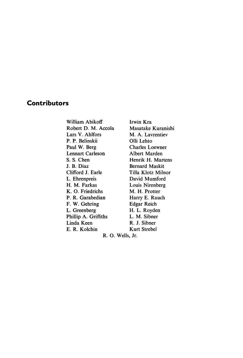 Contributions to Analysis. A Collection of Papers Dedicated to Lipman Bers by et al. Lars V. Ahlfors
