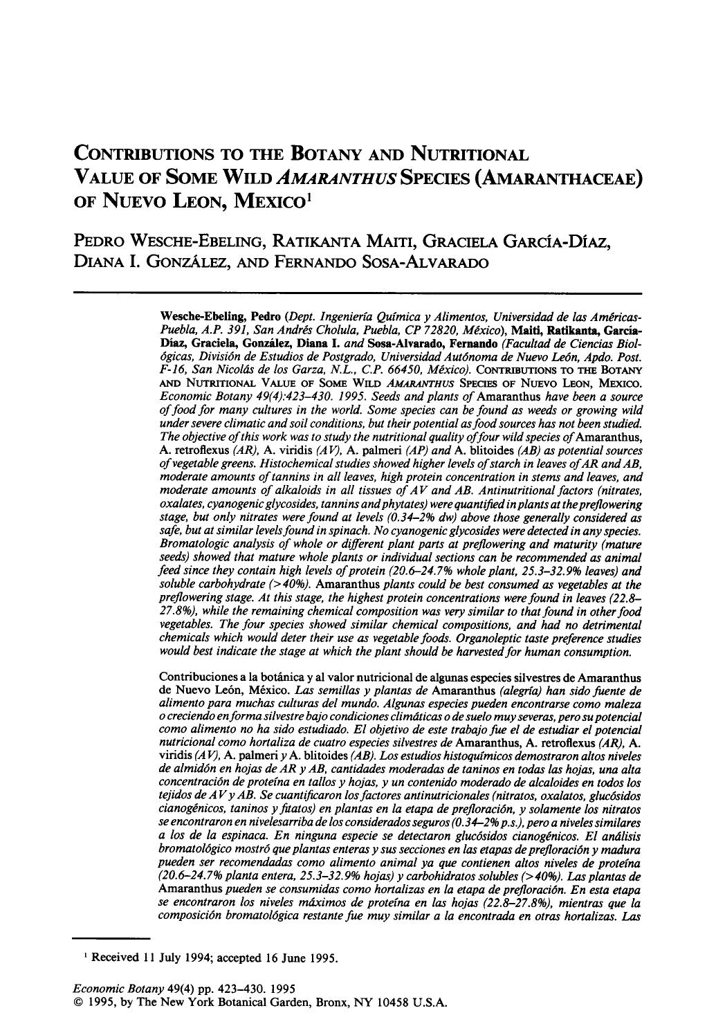 Contributions to the botany and nutritional value of some wild amaranthus species (Amaranthaceae) of Nuevo leon, Mexico by Unknown