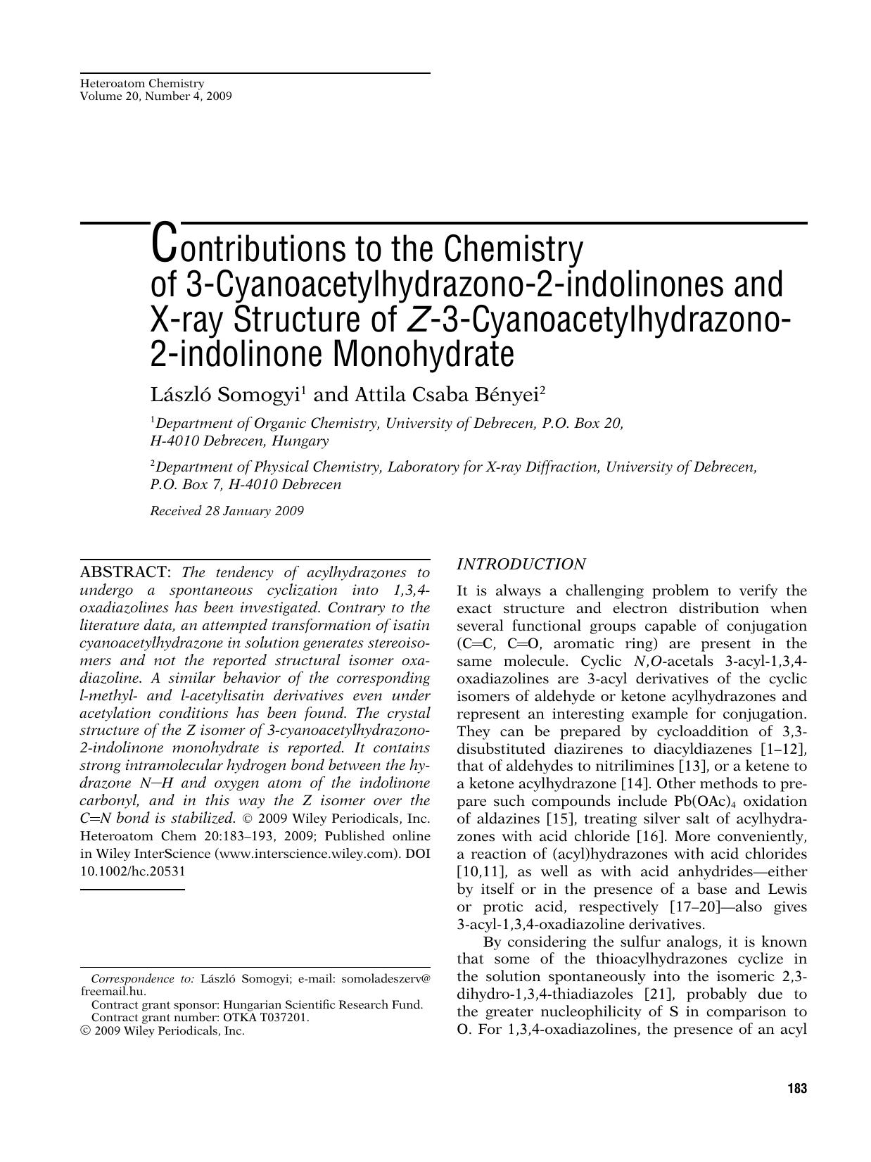 Contributions to the chemistry of 3-cyanoacetylhydrazono-2-indolinones and X-ray structure of Z-3-cyanoacetylhydrazono-2-indolinone monohydrate by Unknown