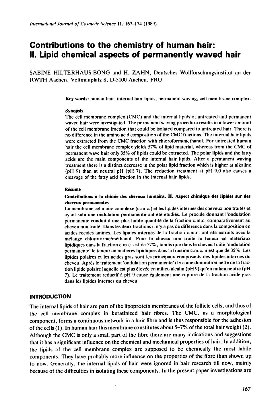 Contributions to the chemistry of human hair: II. Lipid chemical aspects of permanently waved hair by Unknown