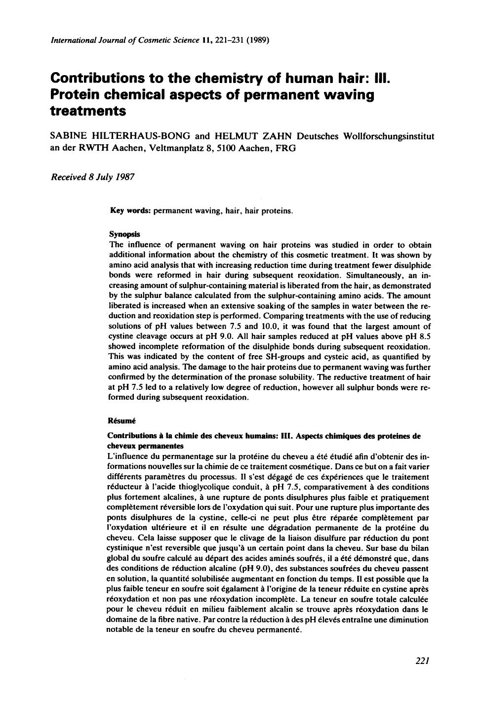 Contributions to the chemistry of human hair: III. Protein chemical aspects of permanent waving treatments by Unknown