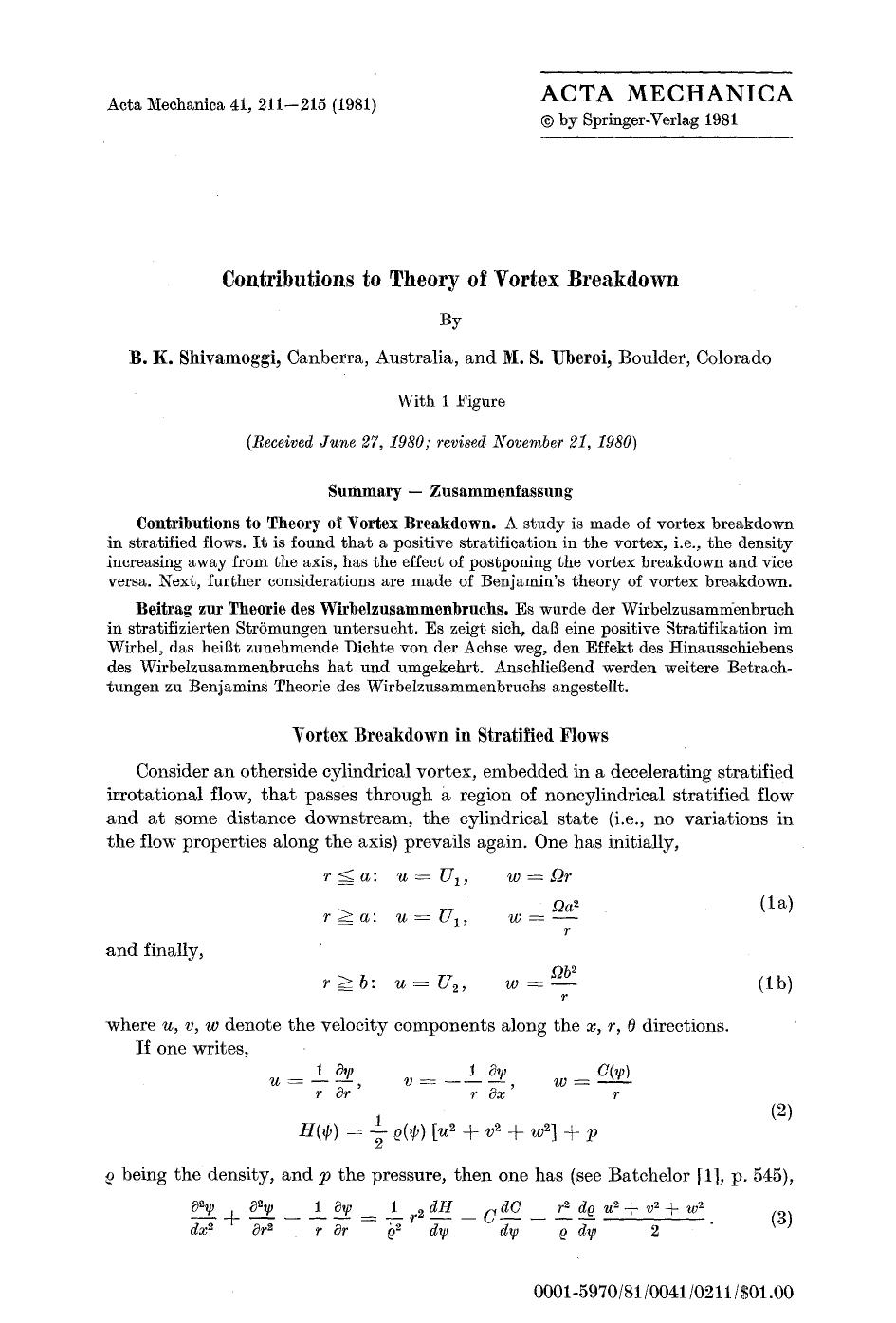 Contributions to theory of vortex breakdown by Unknown