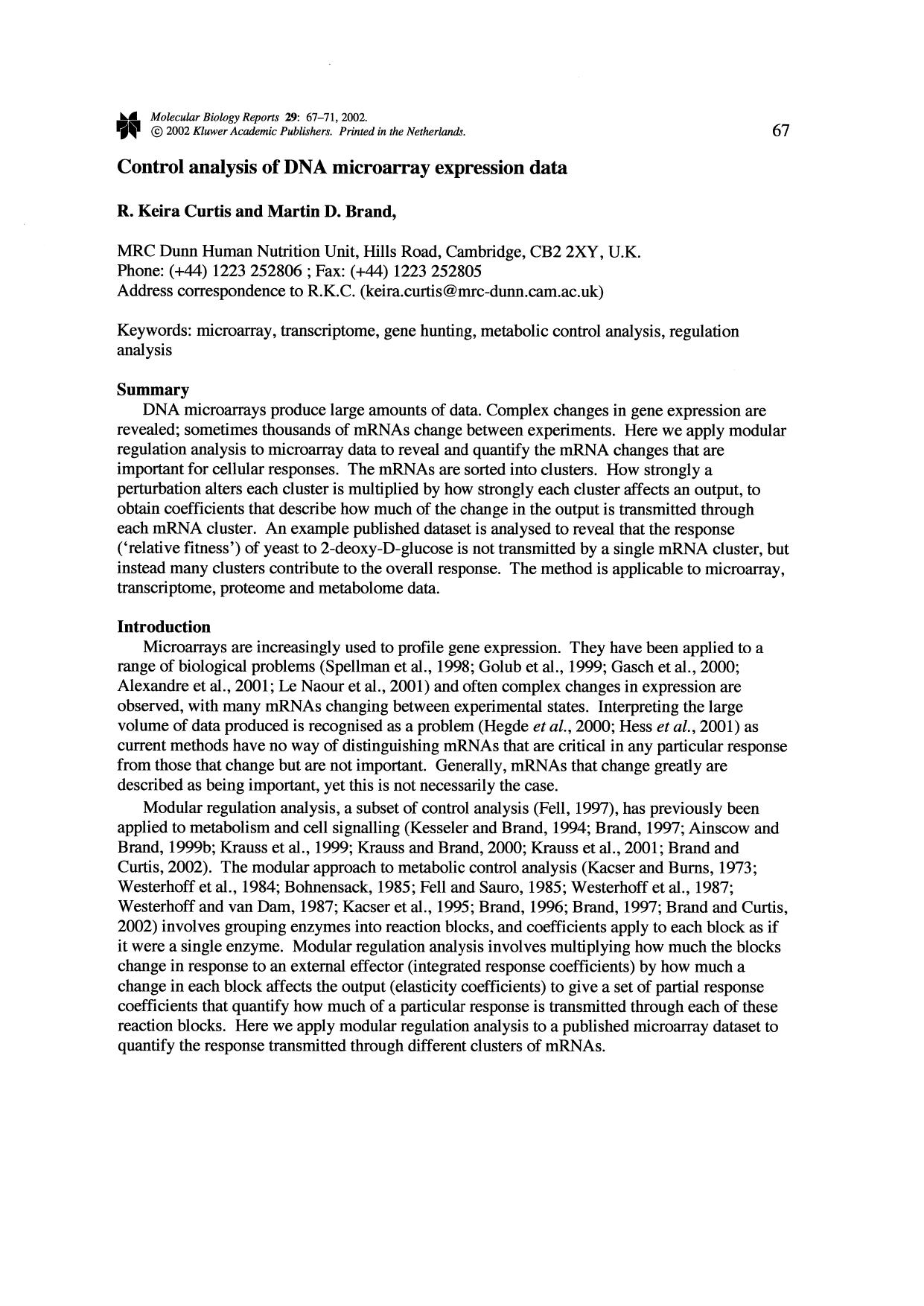 Control Analysis of DNA Microarray Expression Data by Unknown