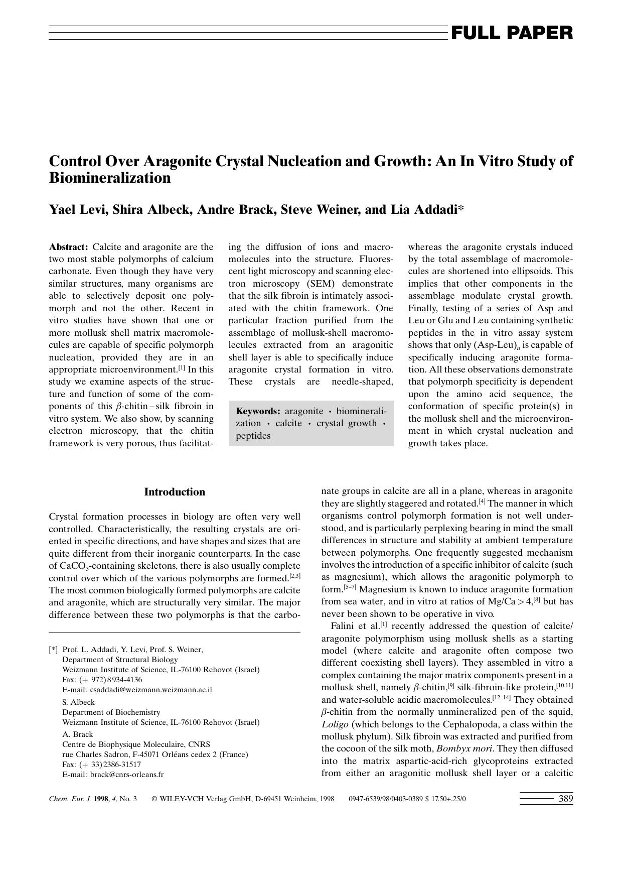 Control Over Aragonite Crystal Nucleation and Growth: An In Vitro Study of Biomineralization by Unknown
