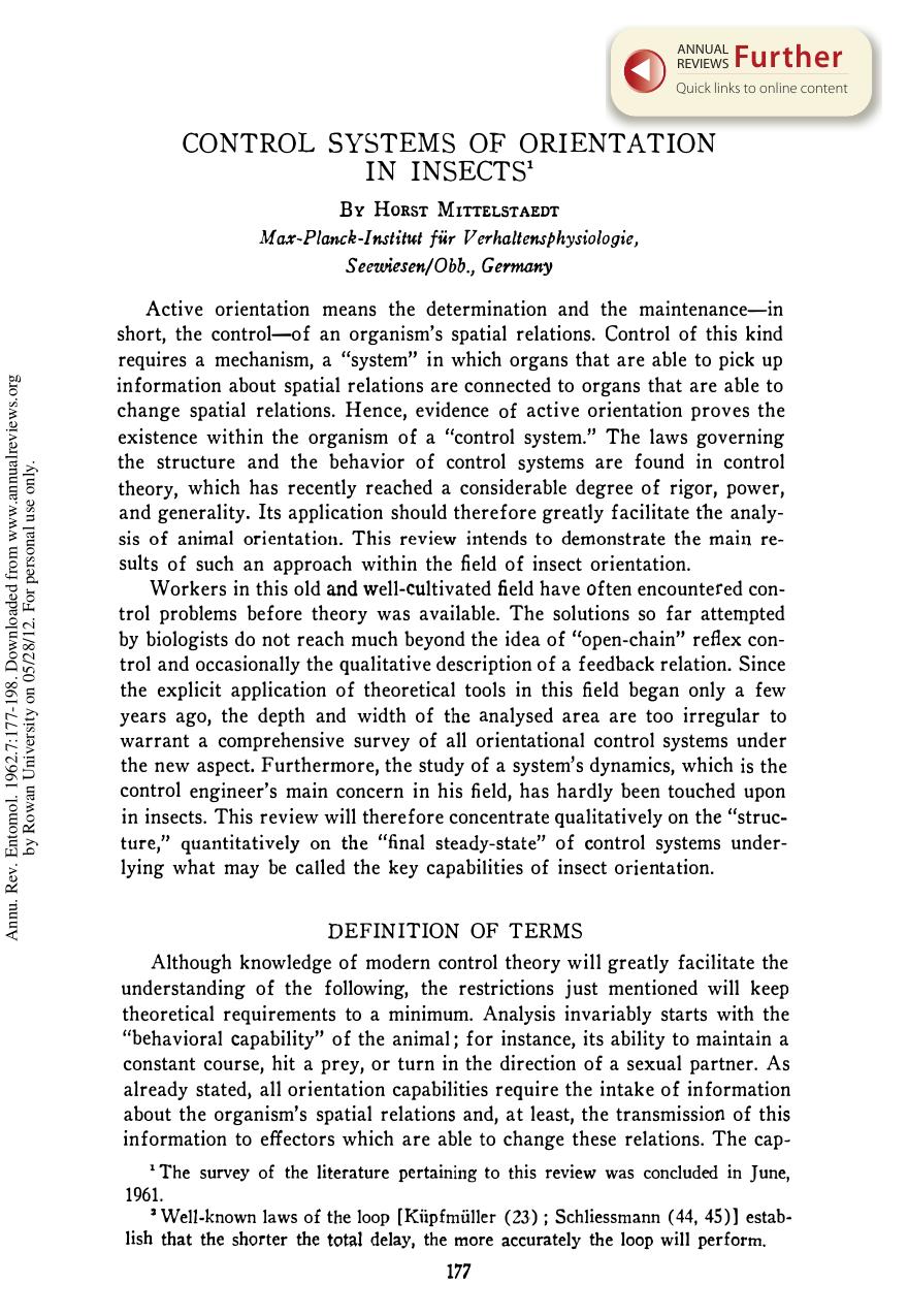 Control Systems of Orientation in Insects by H Mittelstaedt