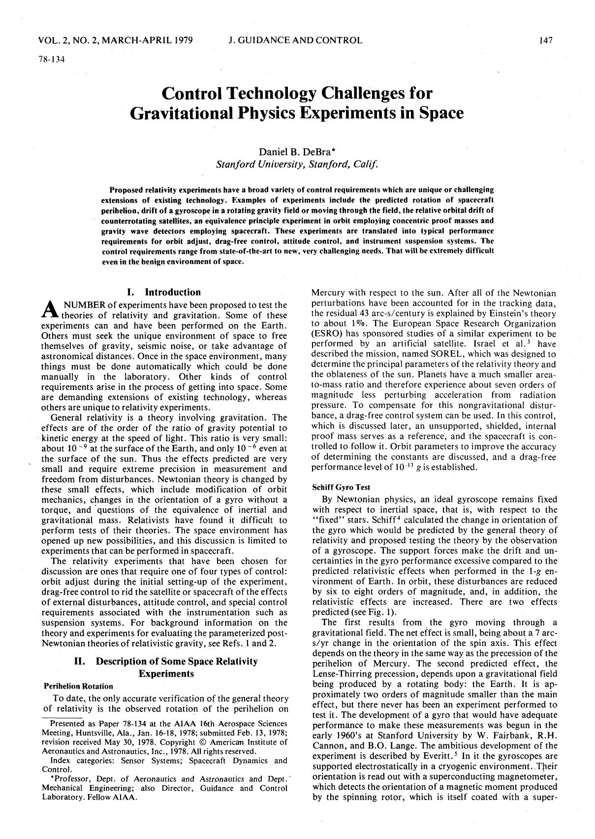 Control Technology Challenges for Gravitational Physics Experiments in Space by Unknown
