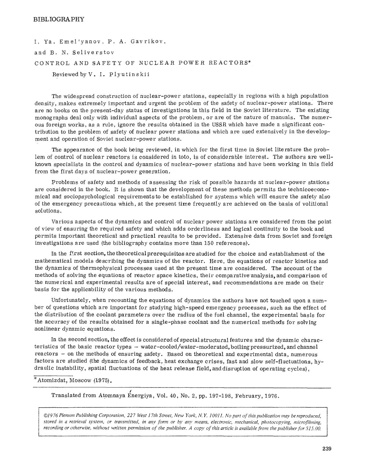 Control and safety of nuclear power reactors by Unknown