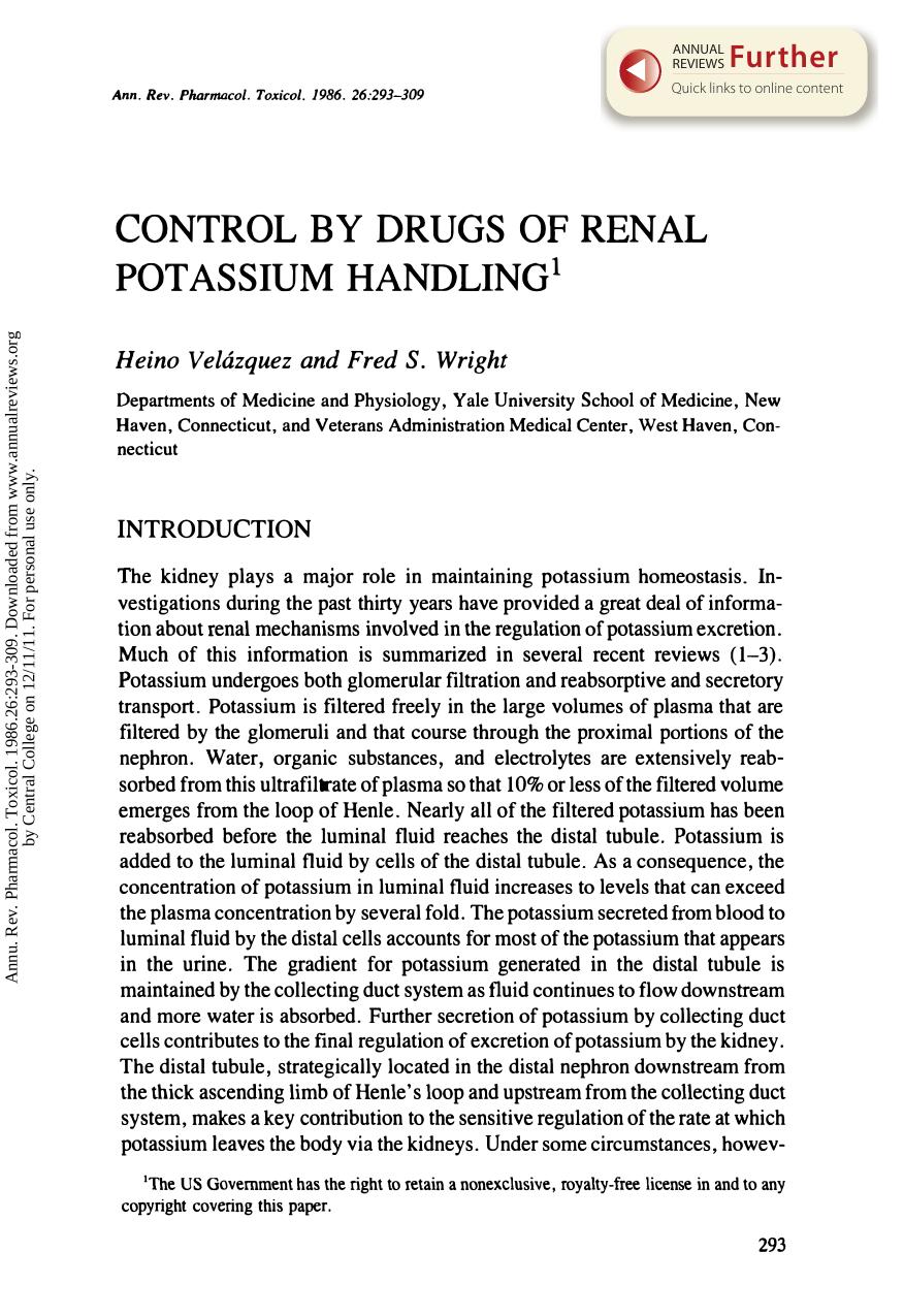 Control by Drugs of Renal Potassium Handling by H Velazquez & F S Wright