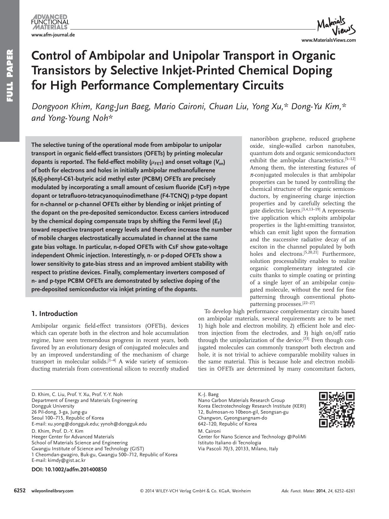 Control of Ambipolar and Unipolar Transport in Organic Transistors by Selective InkjetPrinted Chemical Doping for High Performance Complementary Circuits by processteam